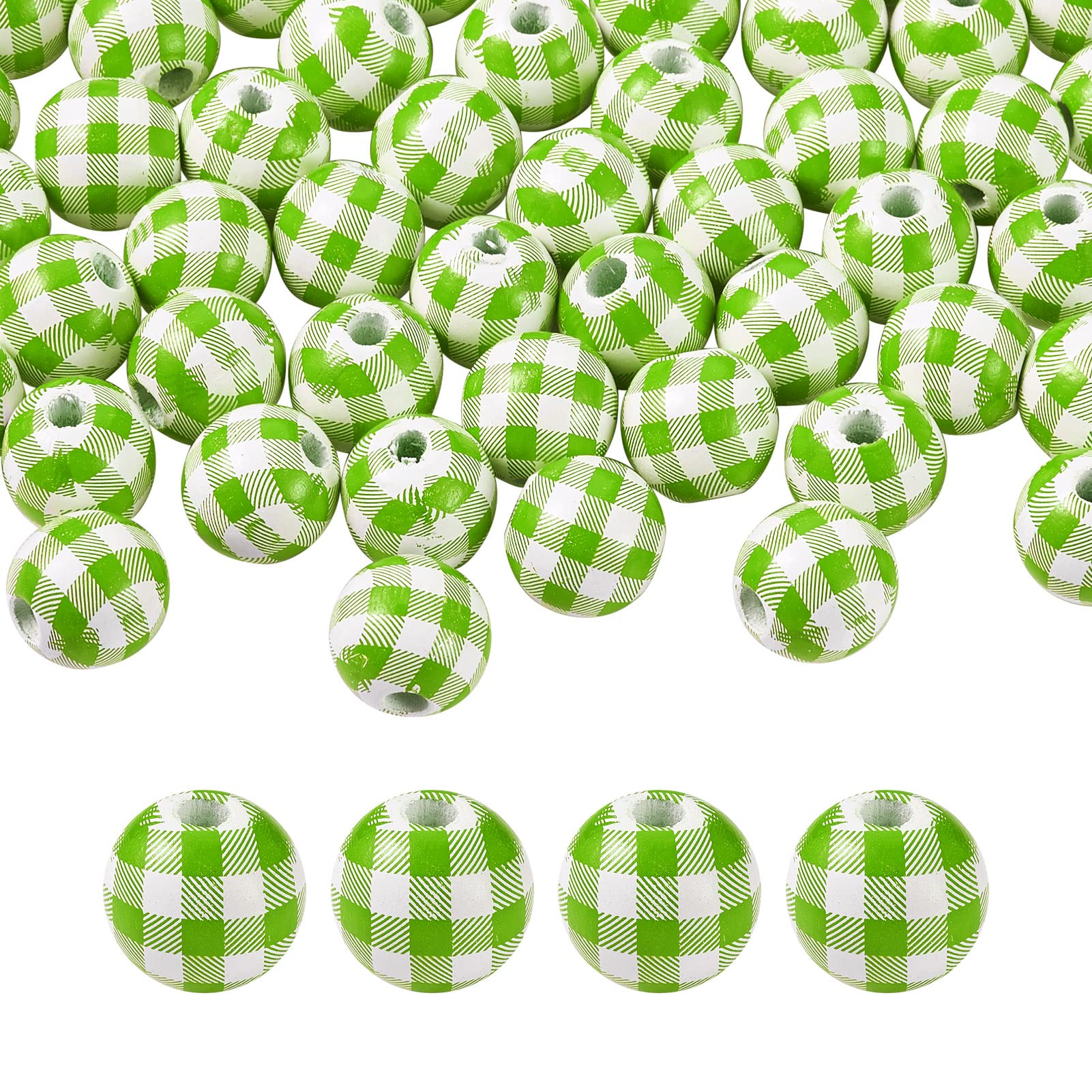 PandaHall 50pcs Plaid Print Wood Round Beads 16mm Large Hole Natural Wooden Spacer Loose Beads for Macrame Crafts DIY Jewelry Making Home Party Decoration(Light Green & White)