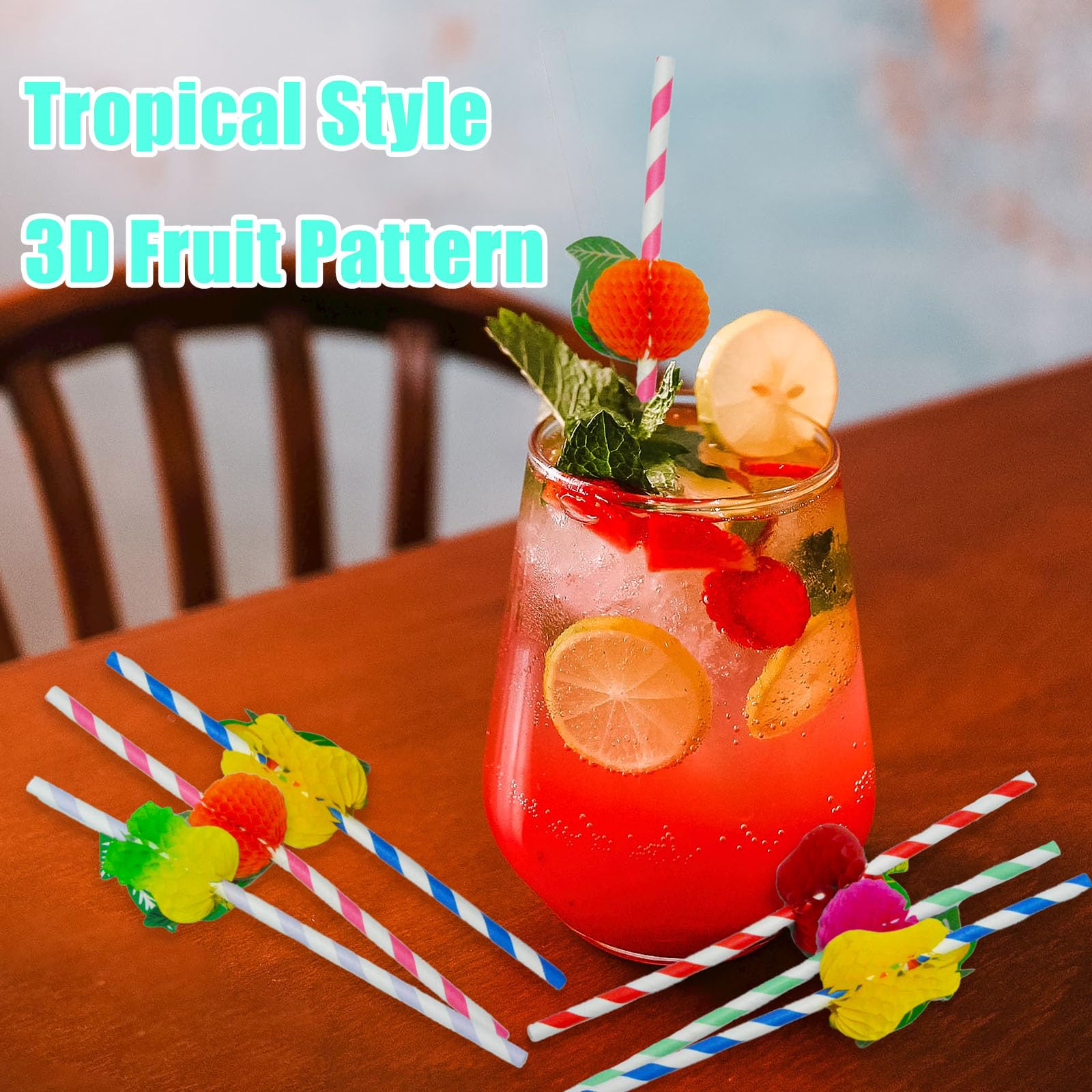 Set de 70 Pajitas 3D Tropicales y de Frutas Hawaianas Para Zumos, Bebidas Frías, Cócteles, Fiestas en la Playa, Cumpleaños