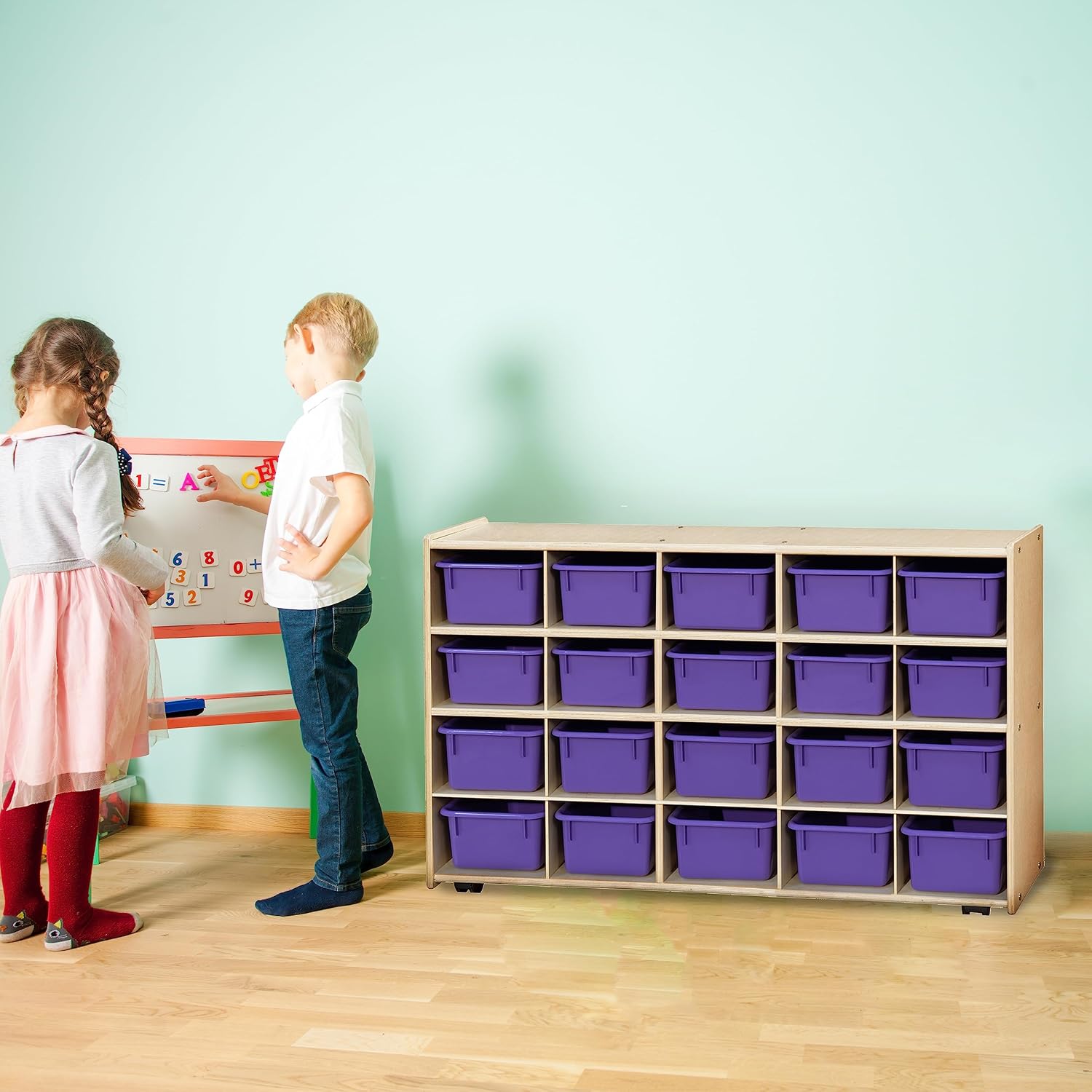 Contender Cubby Storage Shelf with 20 Cubby Purple Trays Best for Kids Toy Storage, Stationary Organizer, Hard Wood Cabinets Perfect for Classrooms and Homes