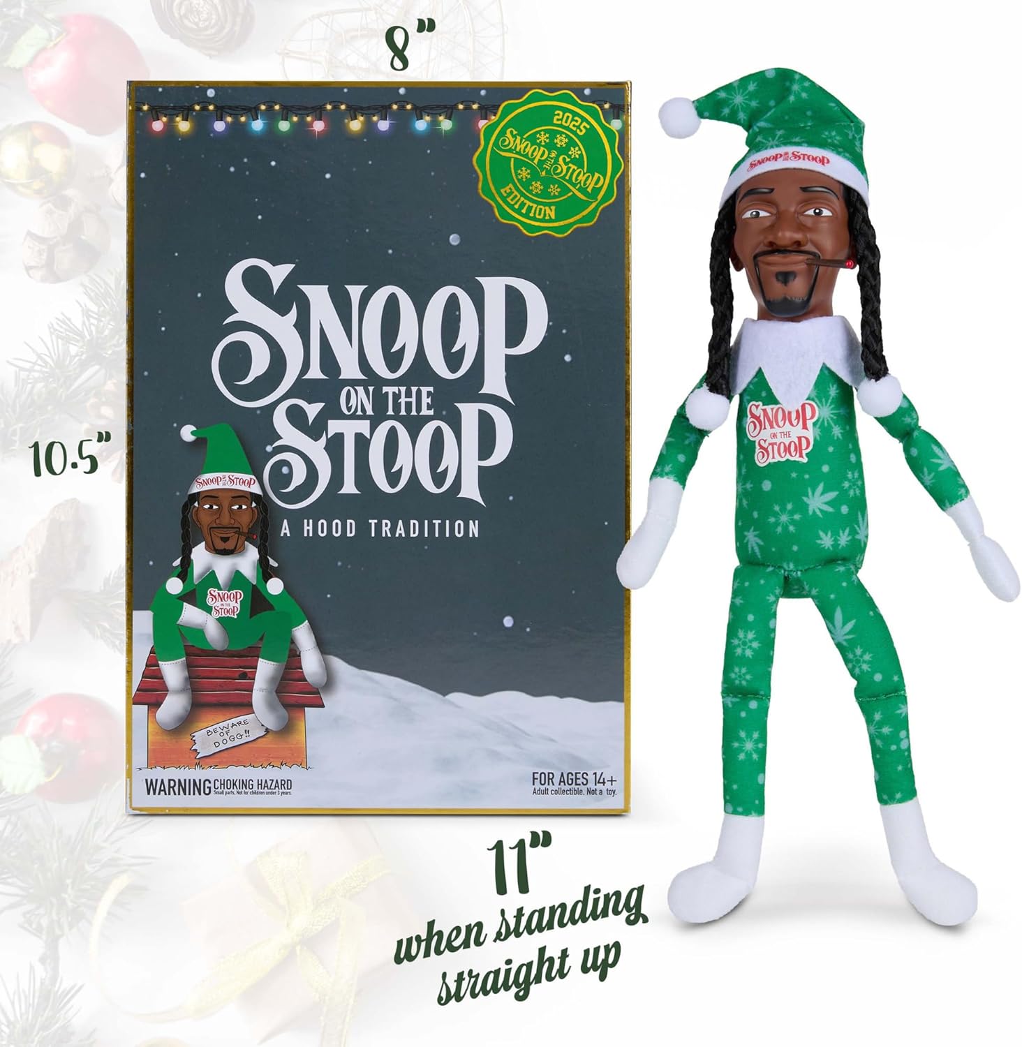 Snoop Dogg Snoop on The Stoop Christmas Elf, Shelf Decor, 12” Small Plush Collectible Figurine, Big Box