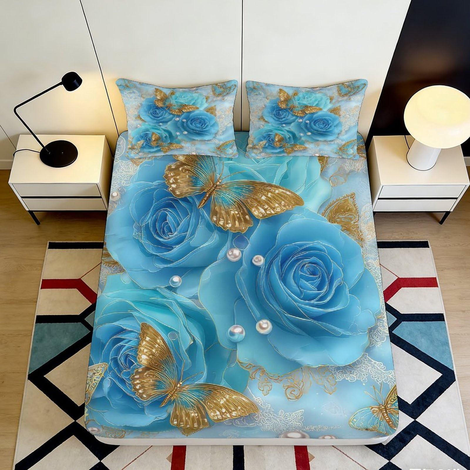 3D Printed Blue Rose Fitted Sheet Microfiber Soft Bedroom Decor Golden Butterfly Mattress Cover for Home Dorm 90x200x25cm