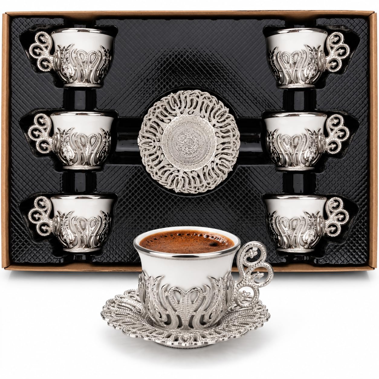 Alisveristime Türkische Kaffeetassen Set, Weißes Porzellan und Zinkmetall mit türkischen Motiven, 6 Tassen und Untertassen (Silber)