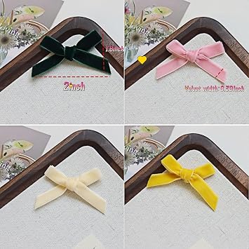 60pcs Mini Velvet Bows Ribbon 2 Pre-Tied Premade Bows 12colors 60pcs | with sticky gel pads Gift Bows for Christmas Tree Wedding Decor Party Making Hair Clips Wrapping