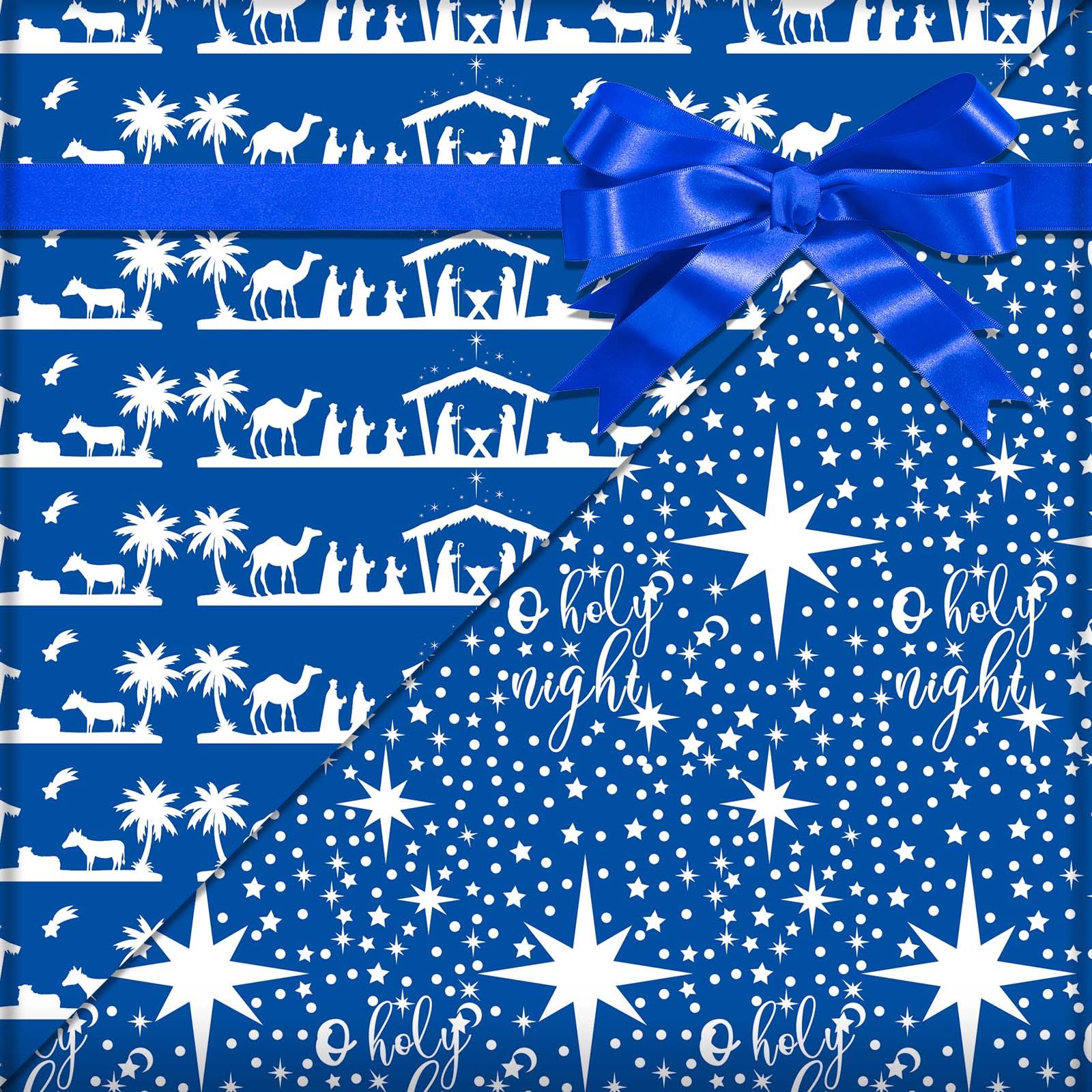 Bolsome 12 Sheets Christmas Nativity Wrapping Paper Blue White Holy Night Star Jesus Patterned Gift Wrap Paper for Xmas Party Winter Festivals DIY Craft, 19.7 × 27.6 Inches