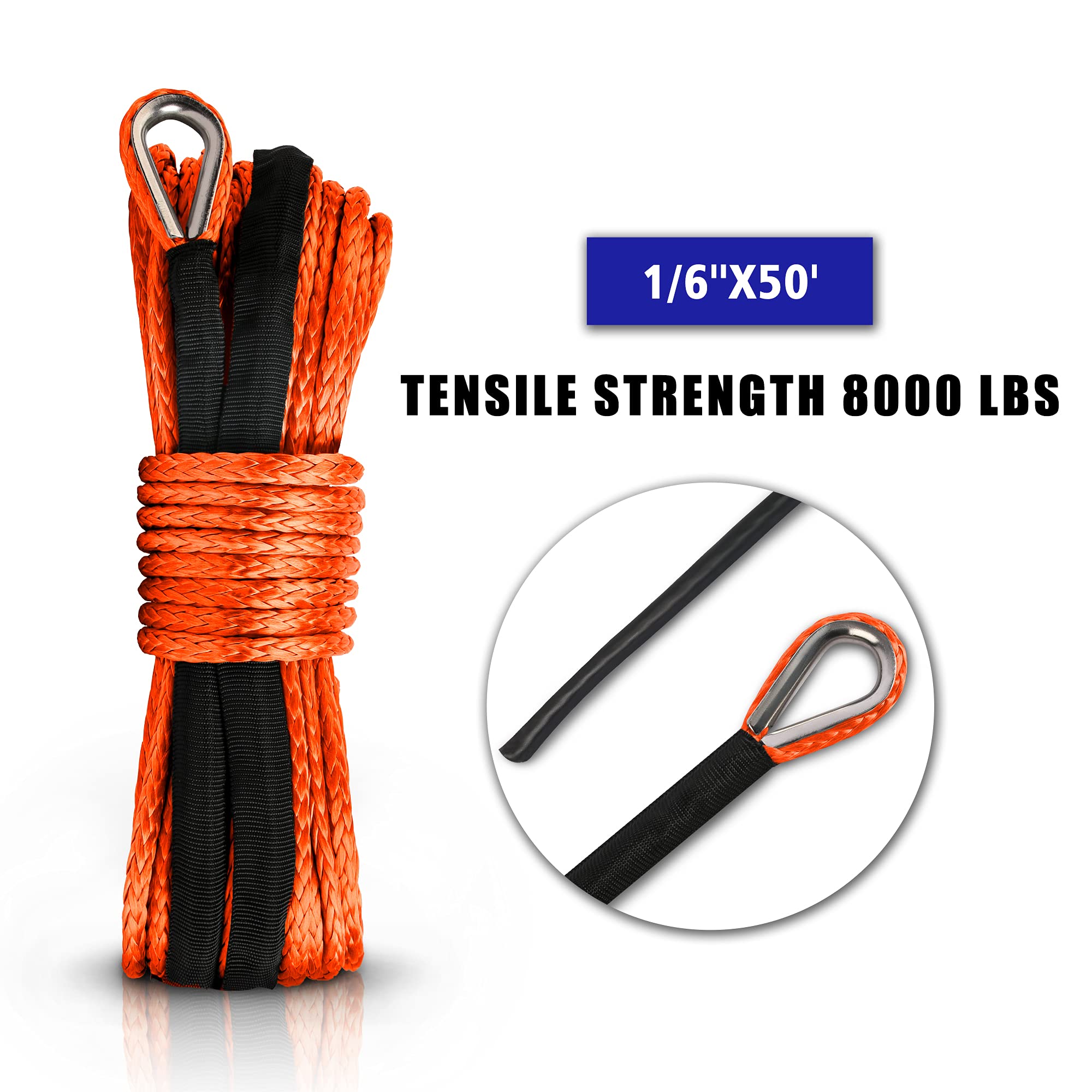 X-BULL 8000LBS Winch Synthetic Rope 1/6''x50' Line Recovery