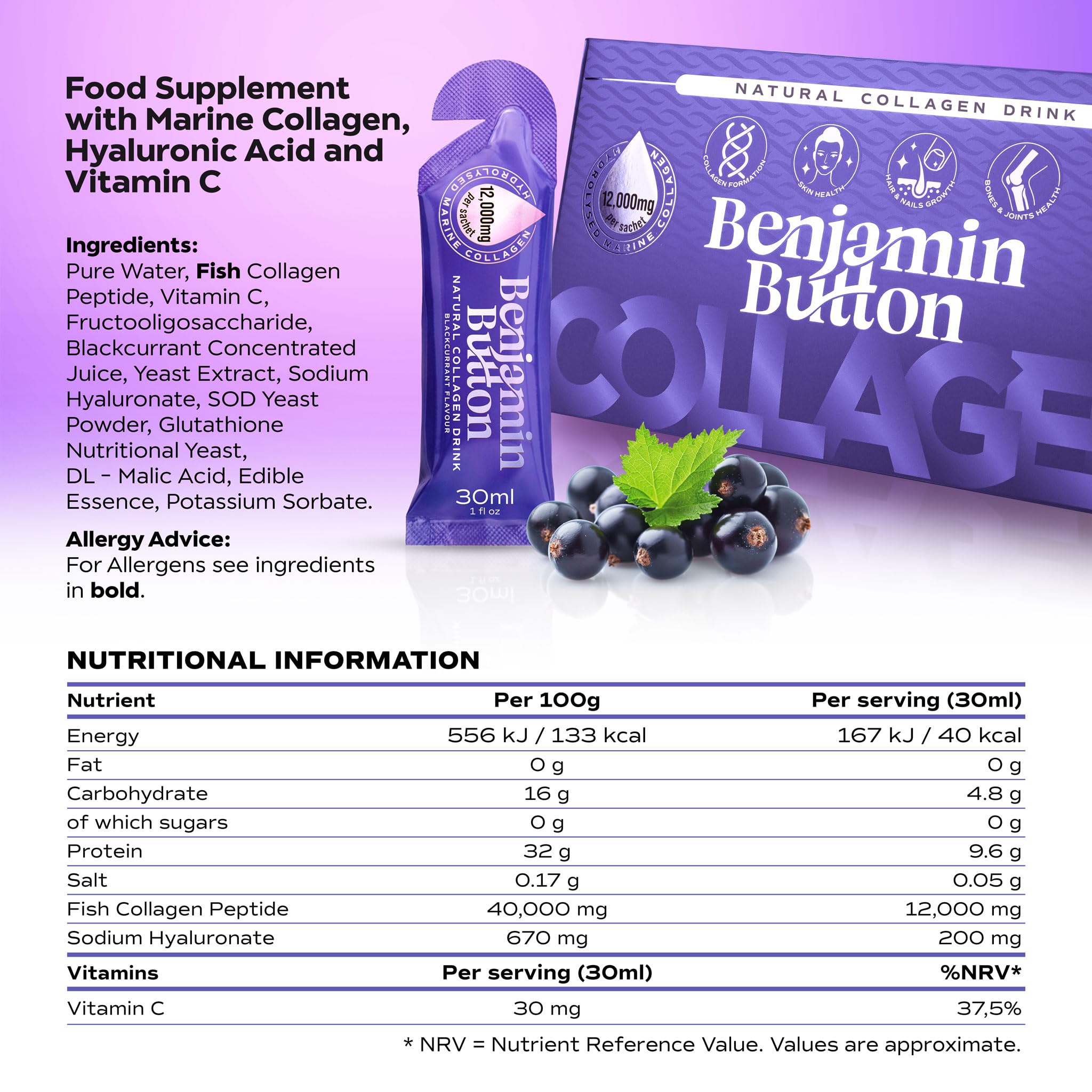 Benjamin Button 12,000mg Marine Collagen Liquid Shots| Hydrolyzed Marine Collagen Peptides w/Hyaluronic Acid & Vitamin C for Skin, Hair & Joints | Berry Black Currant Flavor, 14 Servings 30ml — Amazon image 9