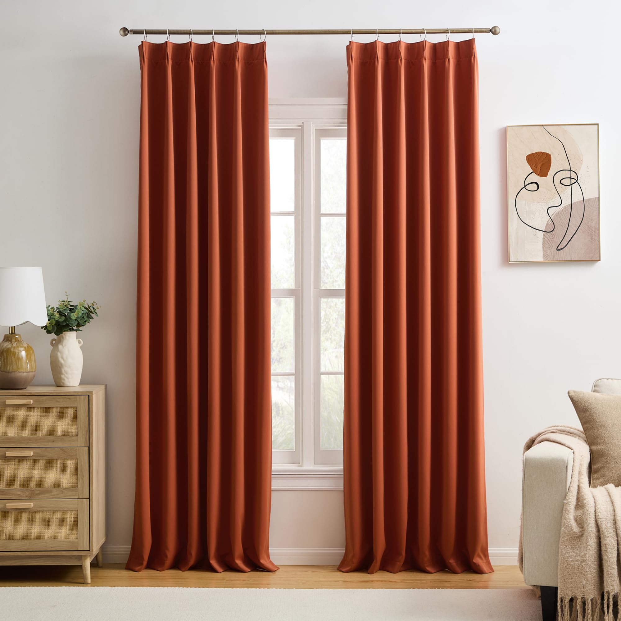 KEQIAOSUOCAI 96 Inch Copper Burnt Orange Blackout Curtains for Living Room 2 Panels Sets,Pinch Pleat with Hooks, Thermal Pleated Window Drapes Boho