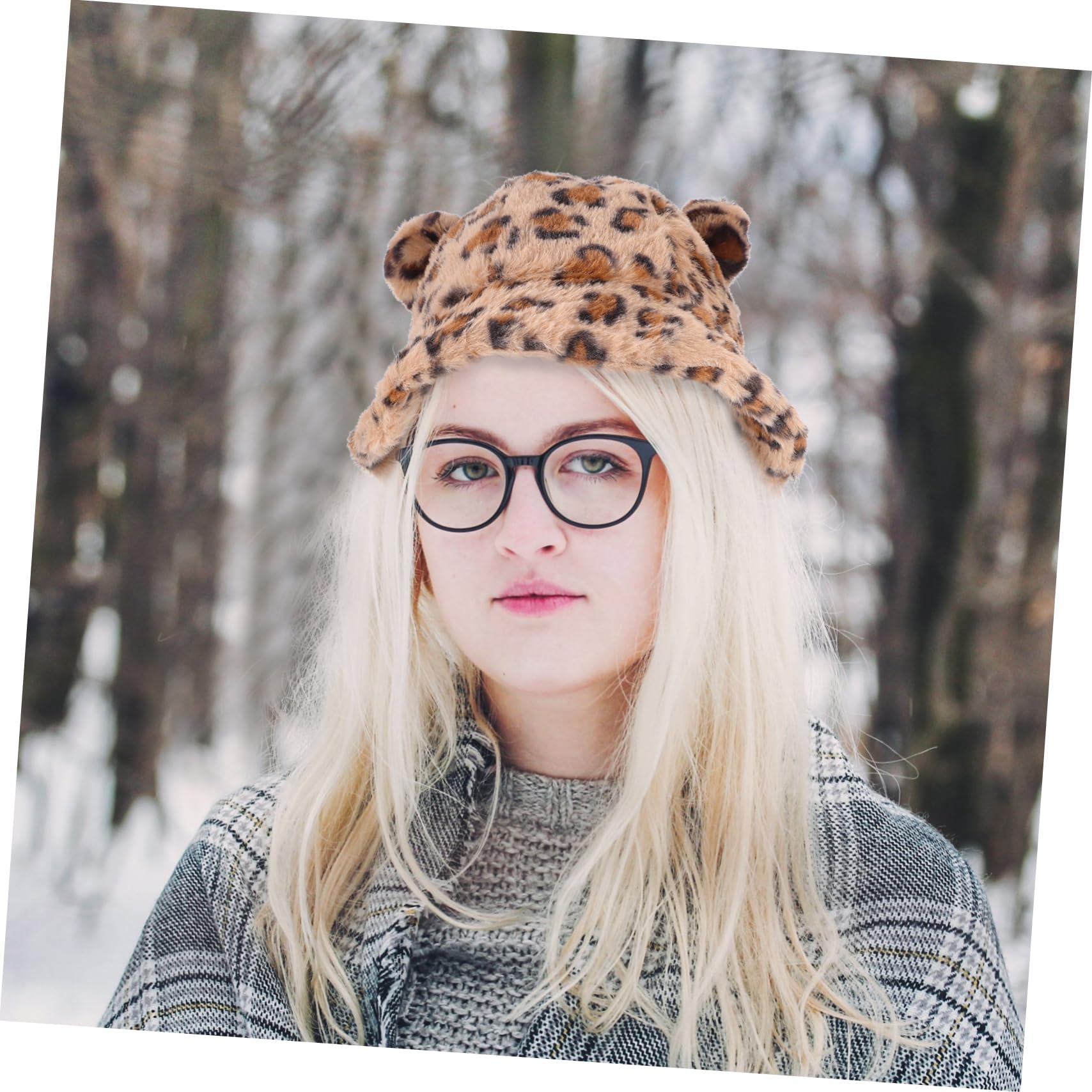 Holibanna Adorable Plush Fisherman Hat with Little Bear Ears Comfortable Winter Cap for Women Stylish Furry Design for Skiing Snowboarding and Outdoor Activities Leopard