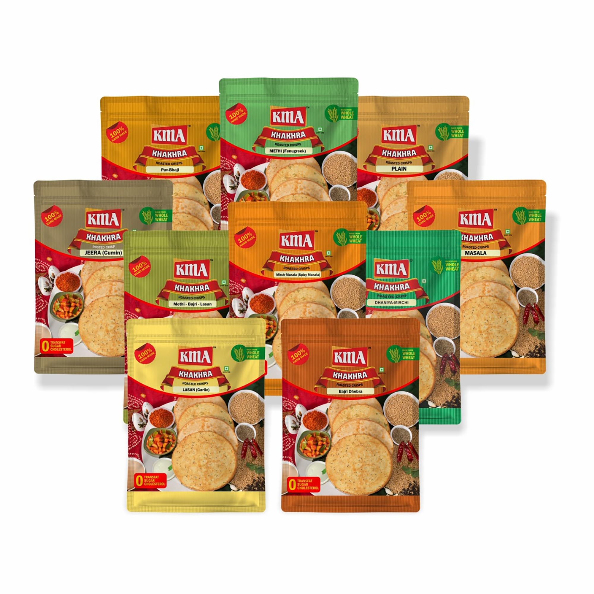 KMA Gujarati Khakhra 10 Mix Flavors Combo (Total 2 kg - 200g each) - Plain , Jeera , Methi , Masala , Dhaniya Mirchi , Mirch Masala , Lasan , Bajri Dhebra , Fenugreek Millet Garlic & Pav Bhaji , Handmade Roasted Fresh Snacks , Ready to Eat Indian Del (B085NMYQ3V) Amazon Price History, Amazon Price Tracker