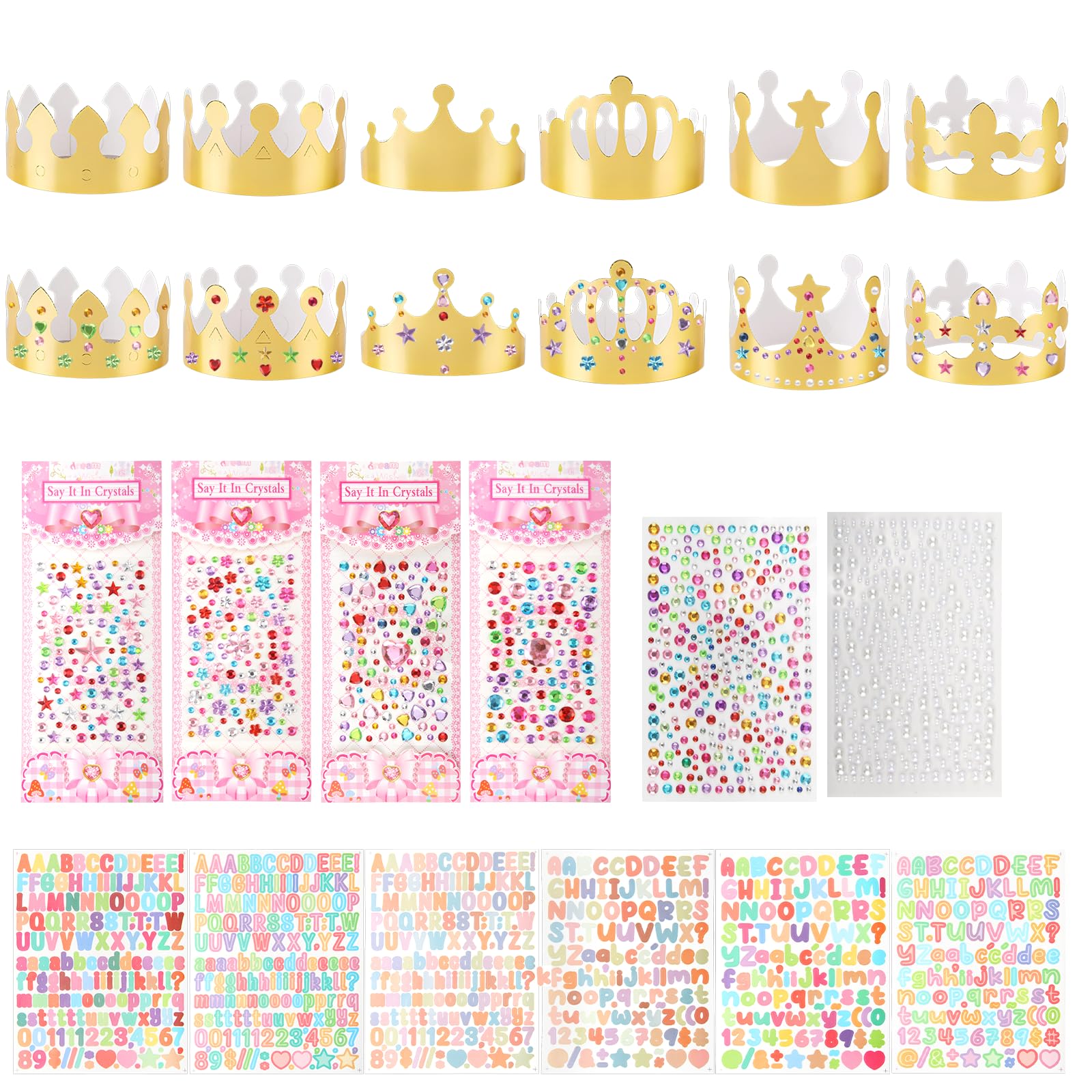 Vaskula 24er-Set Goldene Kronen Basteln – Papier-Partyhüte Mit 6 Bogen Strass- & Buchstabenstickern, DIY Für Kindergeburtstag & Party, Wiederverwendbar