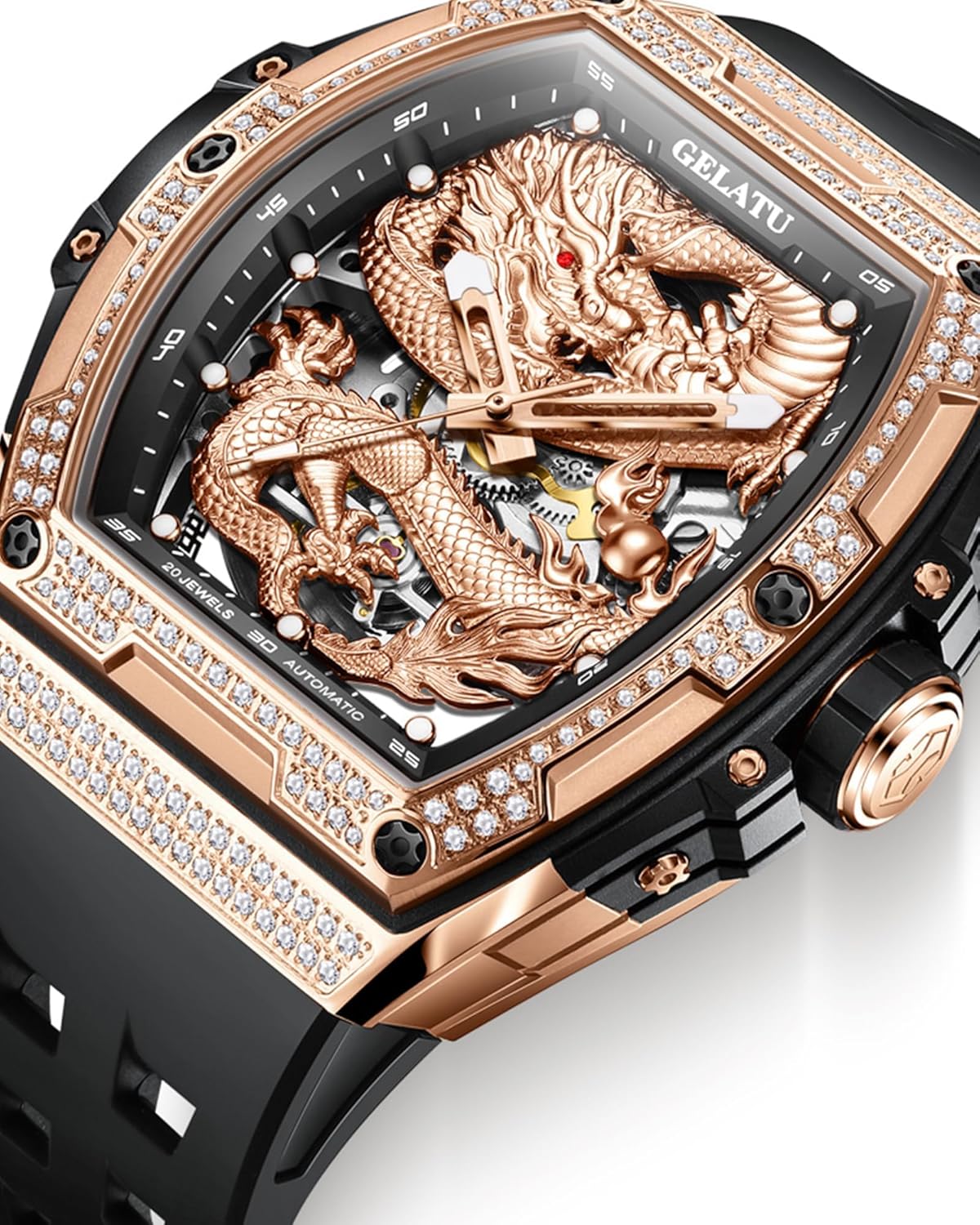 OLEVS Dragon Skeleton Mens Automatic Watch 42MM Large Dial Gold Luxury Self-Winding Diamond Waterproof Stainless Steel Business Tourbillon Mechanical Watches