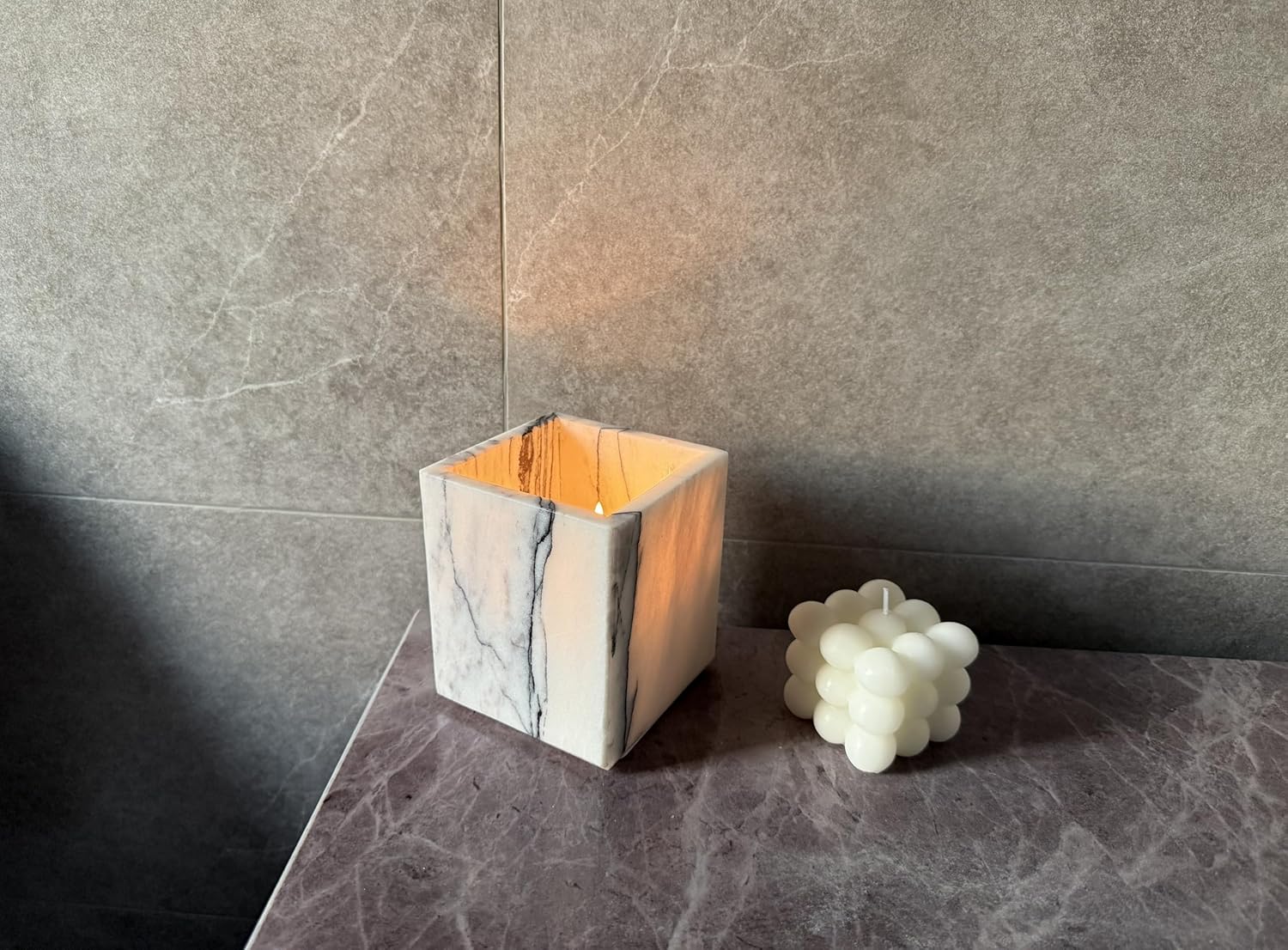 Carrara-Inspired Marble Bathroom Organizer Set, Makeup Brush Holder, Stone Countertop Tray for Shower Without Candle