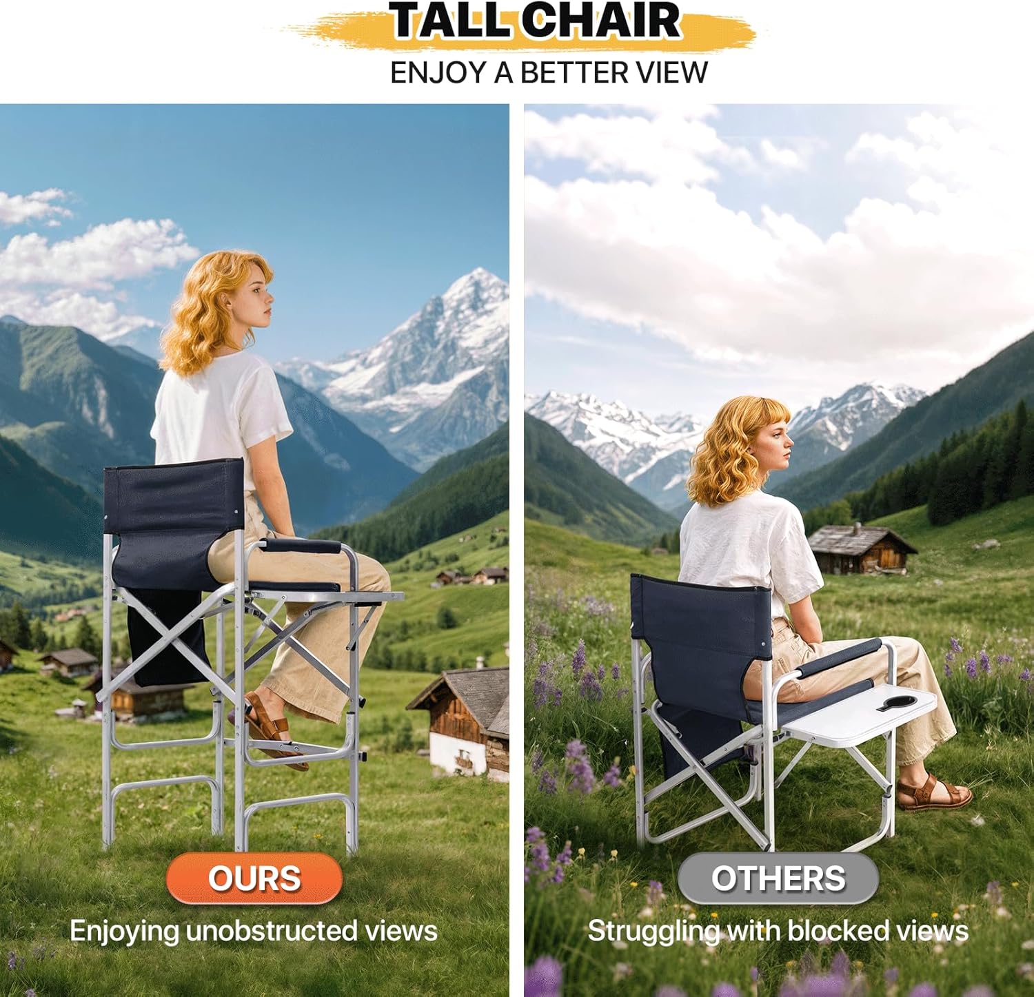 MoNiBloom 44.5'' Tall Makeup Artist Director Chair, Foldable Portable Aluminum Frame Folding Chair with Side Table, Cup Holder and Storage Pockets, 250 lbs Capacity, Navy Blue