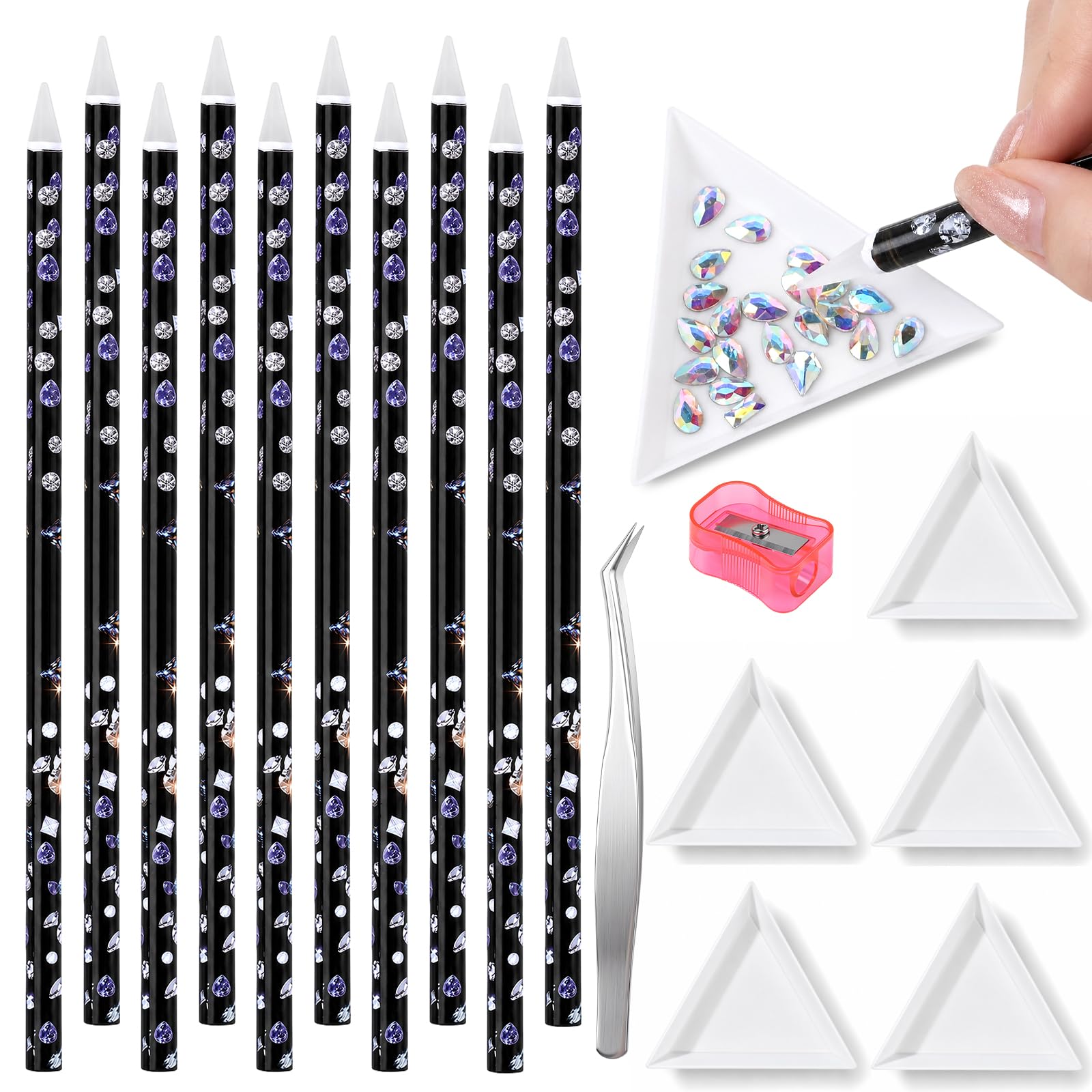 17 Piece Wax Pencil for Rhinestones Set – 10 Rhinestone Picker Tool, 5 Sorting Trays, Pencil Sharpener, Tweezers for Nail Art DIY