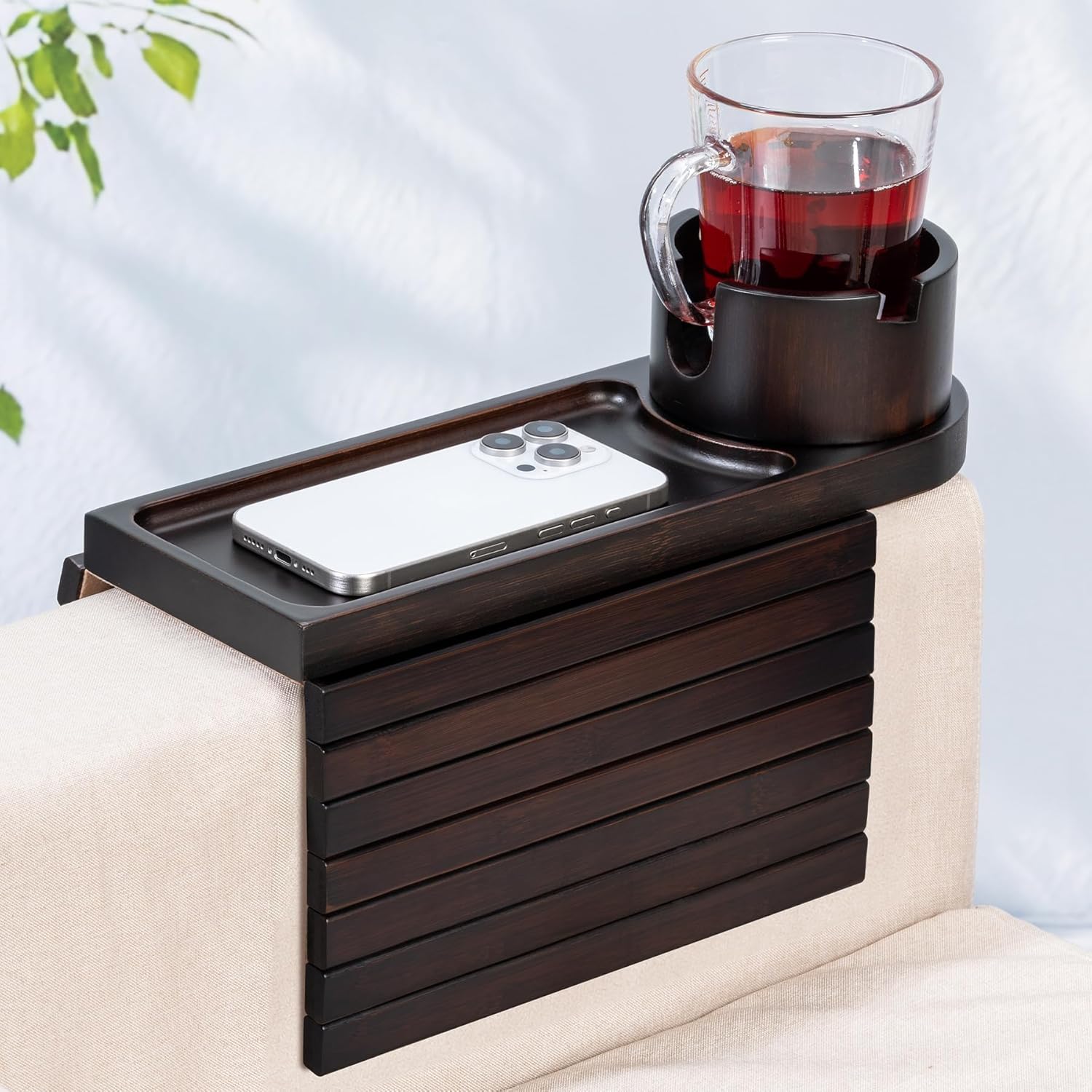 Couch Cup Holder for Armrests Over 4.9" Wide, Bamboo Couch Arm Tray with 360° Rotating Phone Stand, 3 in 1 Foldable Sofa Arm Tray Table for Remote, Snacks, Phone, Drinks Walnut