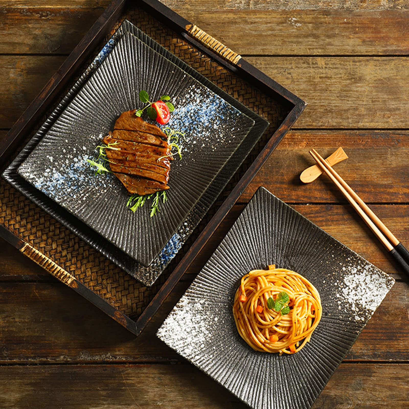 Platos Rectangulares De Cerámica, Combinación Creativa De Colores, Esmalte Suave Y Fácil De Limpiar, Adecuados para El Hogar, Hotel, Restaurante,Negro,9in