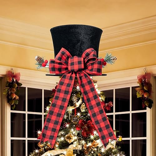 Miniatura 2 de HMASYO - Sombrero de adorno para árbol de Navidad, sombrero de terciopelo negro grande con lazo rojo a cuadros y cinta alargada, decoraciones de