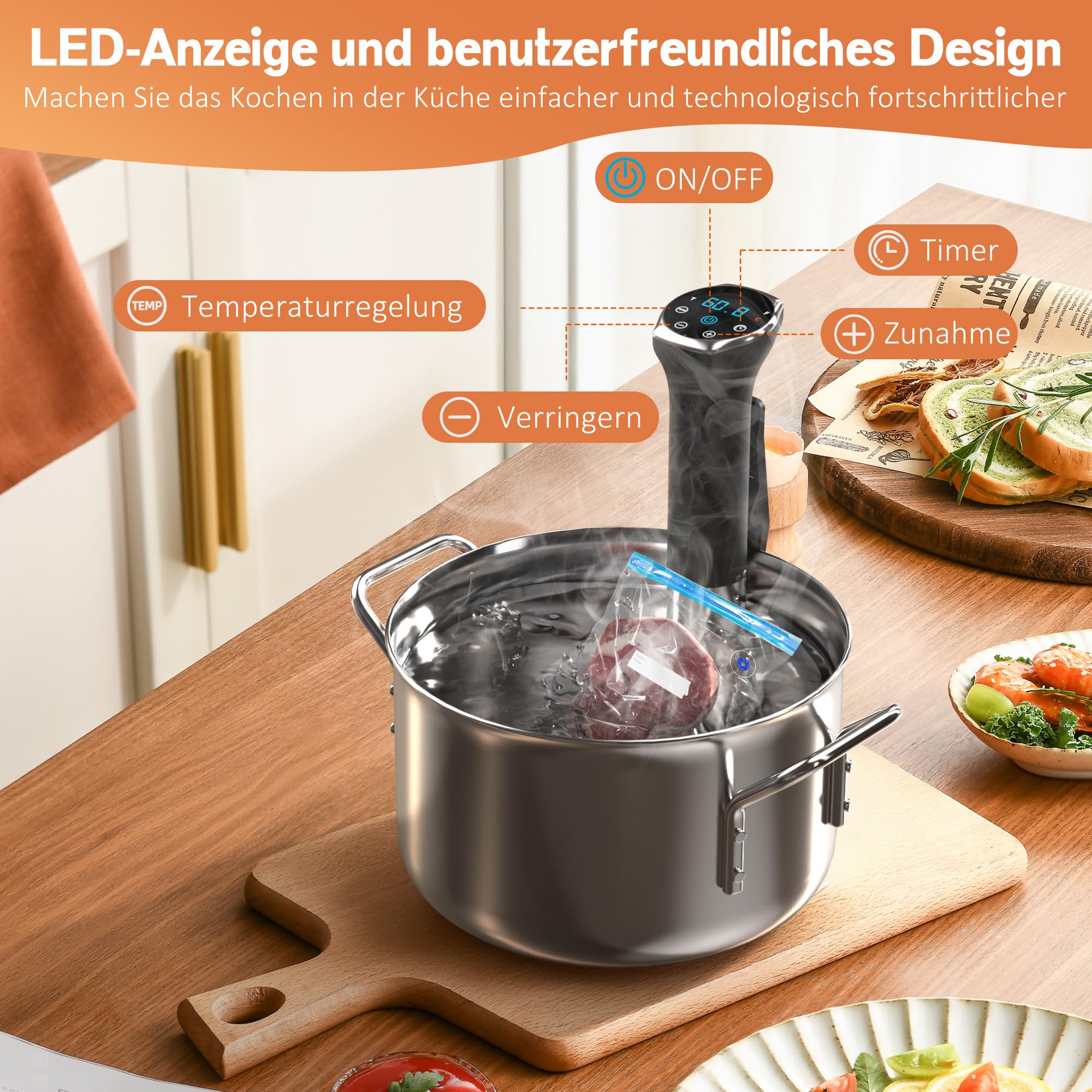 Karinear Sous Vide Garer Stick | APP-Steuerung | WIF (2.4G) | 1400W Sous-Vide Stick | 10-90°C, 1-99 Min. Timer | 360° Zirkulation | Suvide Garer stick