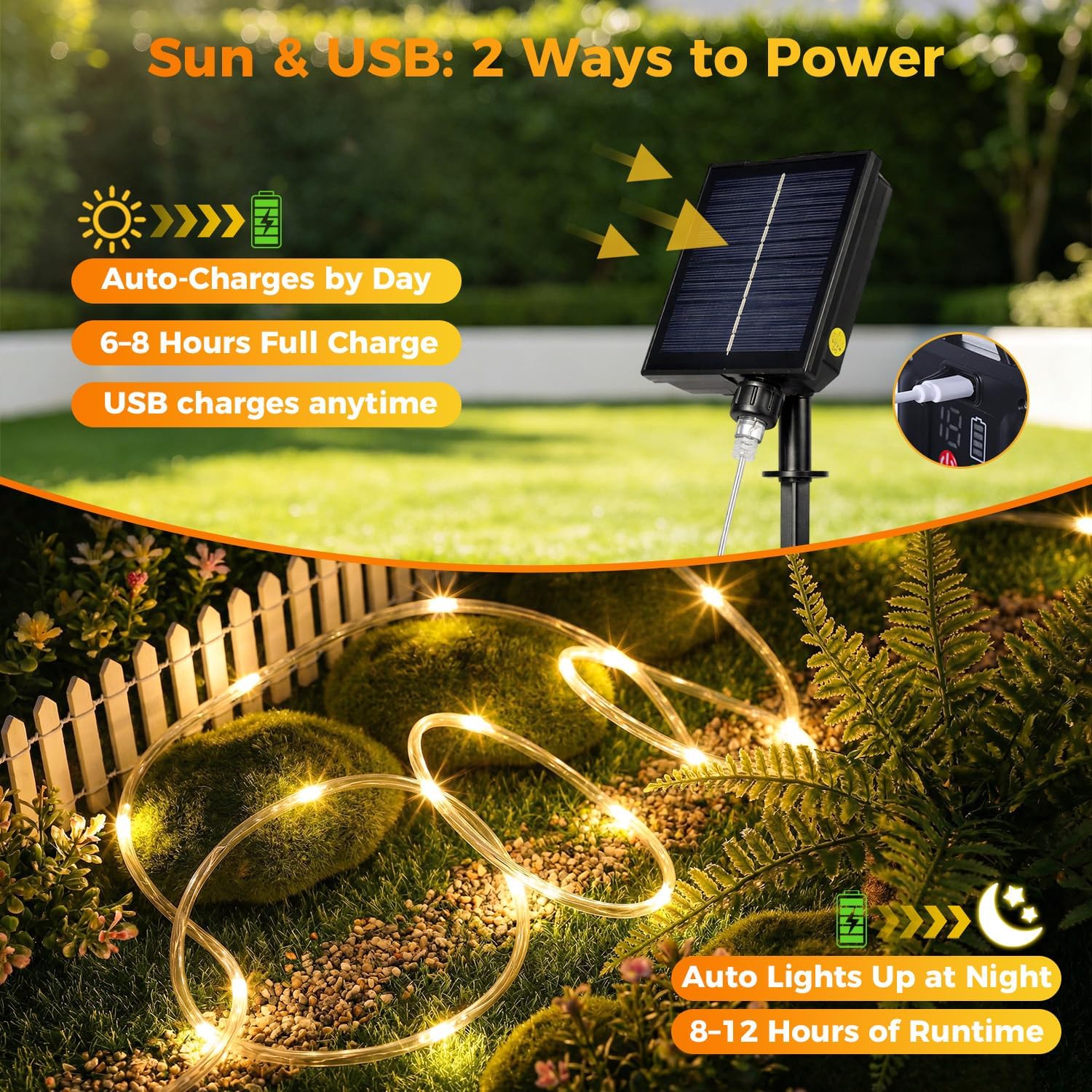 Connectable Solar Rope Lights Outdoor, 66FT 200 LEDs Solar String Lights, IP65 Waterproof 19 Modes Remote Tube Light for Outdoor Indoor Patio Backyards Garden Porch Pool Tree Decor, Warm White