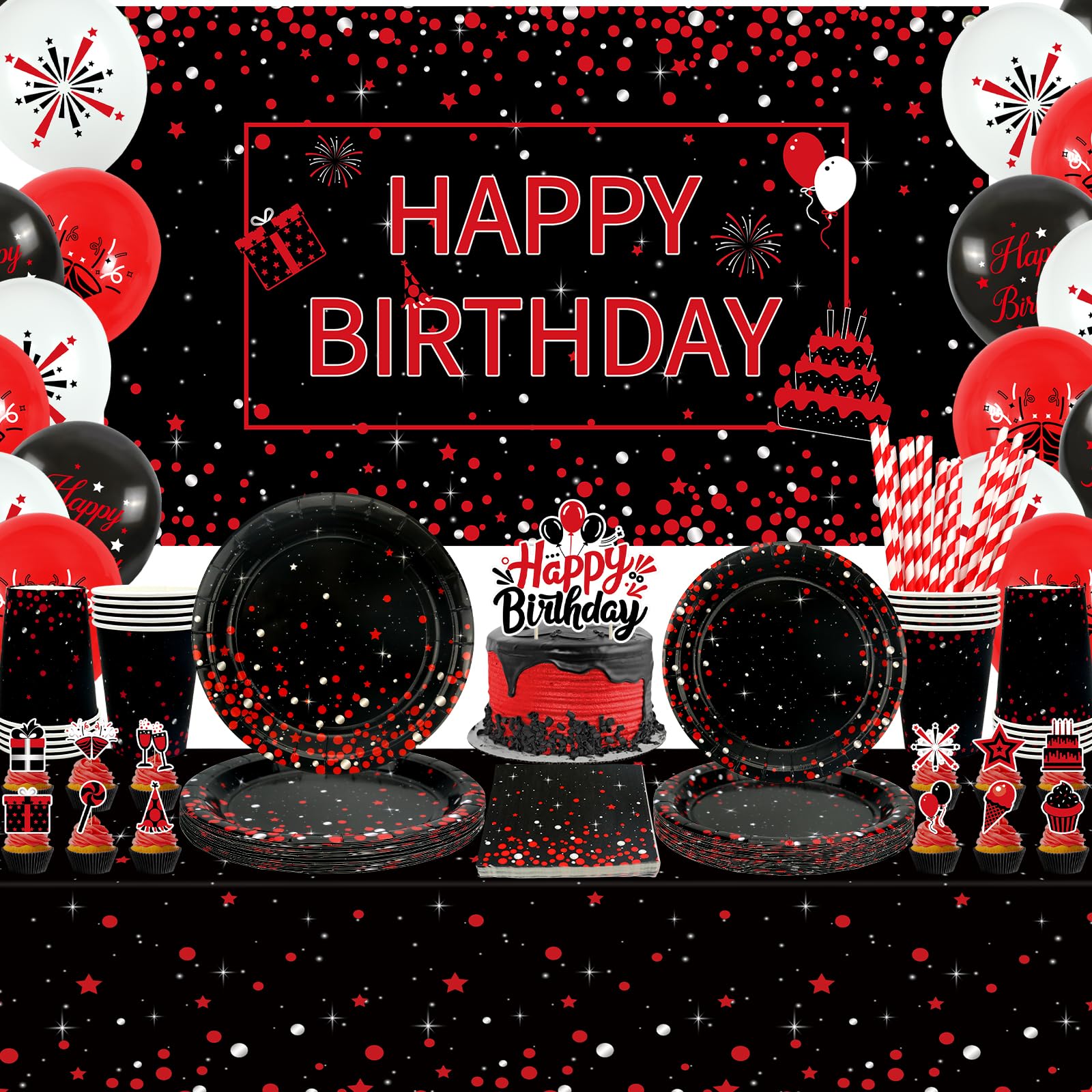 Decorazione di compleanno rosso e nero – accessori per feste rosso nero, tra cui striscioni, piatti, decorazioni per torte, bicchieri, tovaglioli, palloncini, tovaglie, per 20 persone (BJ)