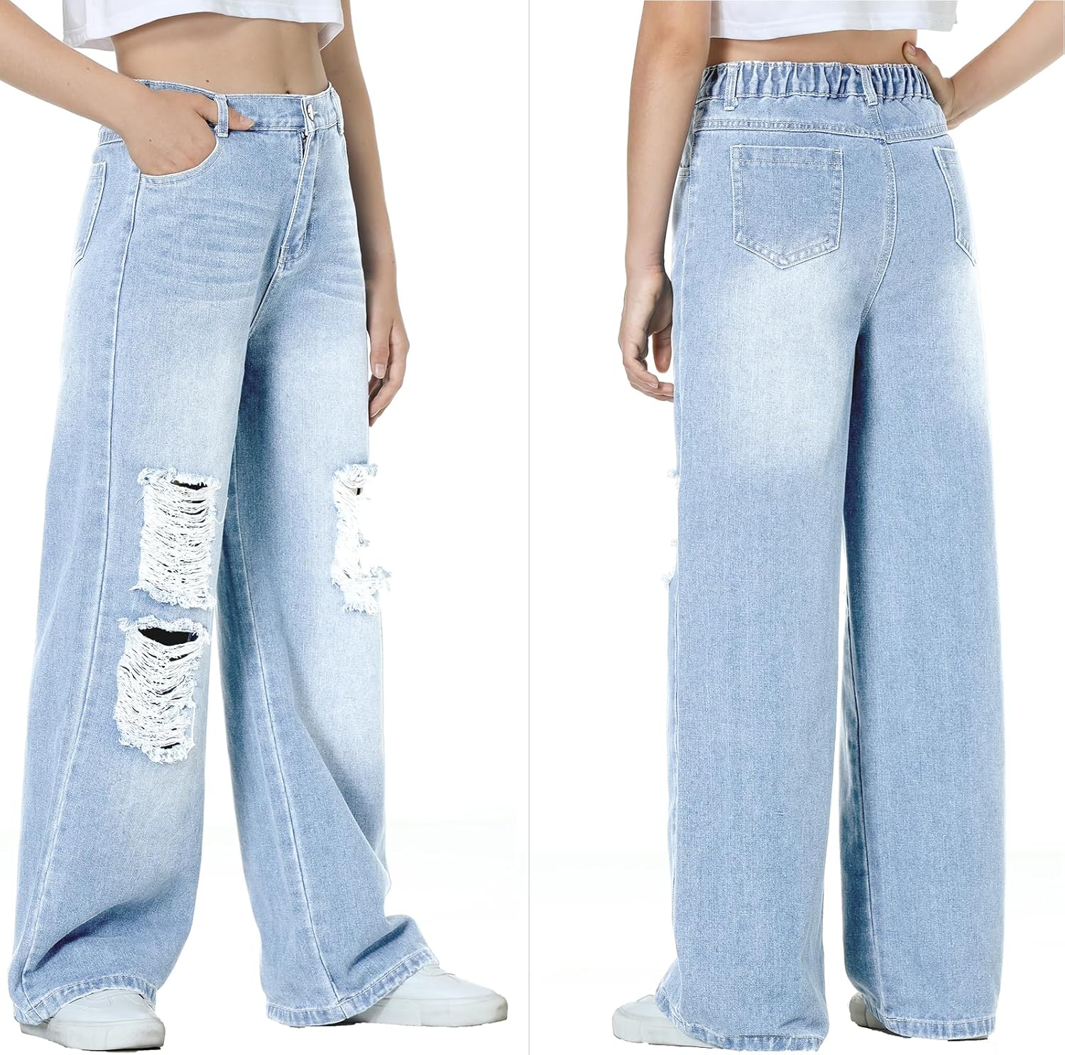 EXARUS Girls Jeans Pants Wide Leg/Flare/Skinny Denim Pant Ripped High Waist Elastic Band Casual with Pockets Kids 6-14Y - Image 2