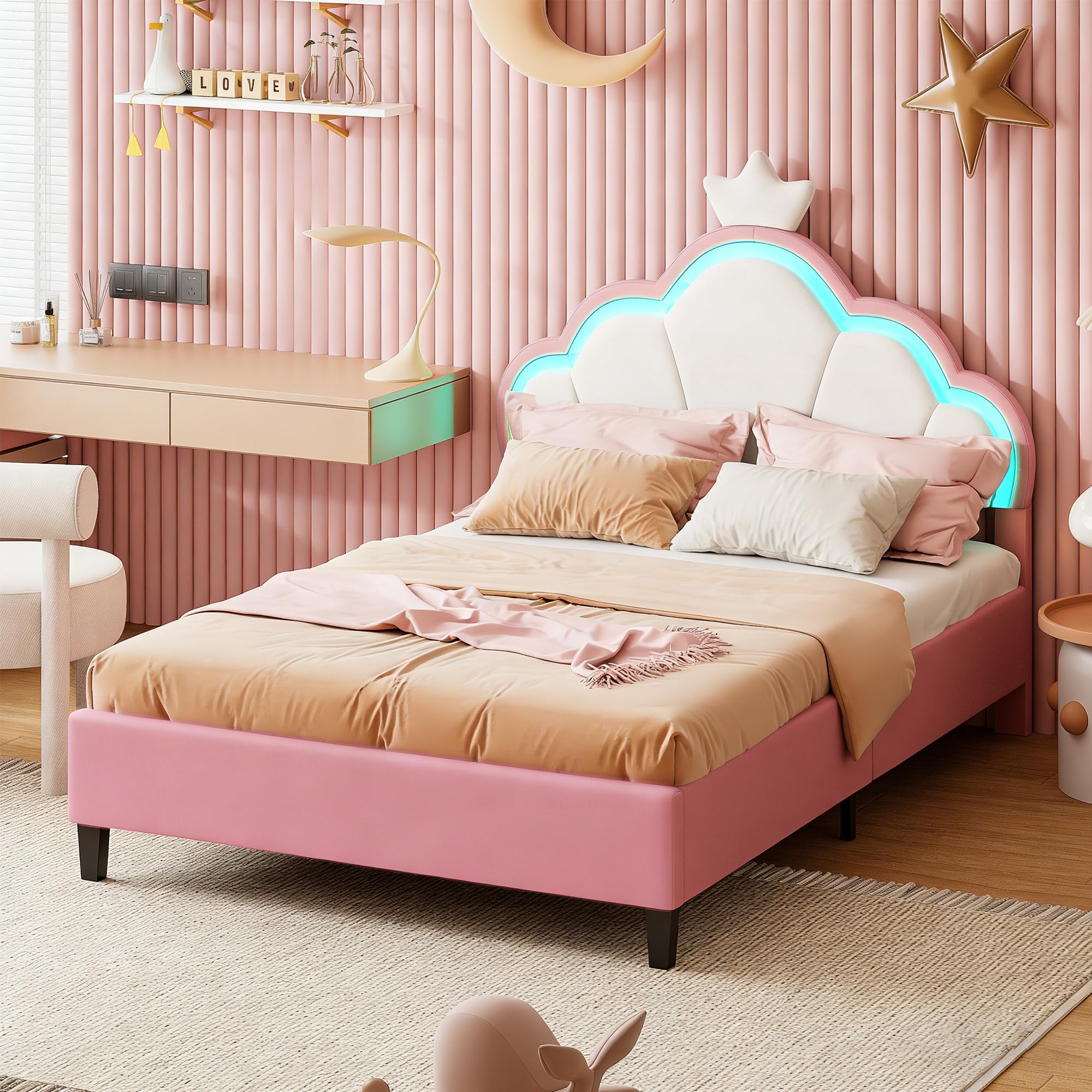 Polsterbett Kinderbett 90x200 cm, Mädchenbett Prinzessinnenbett mit LED, Höhenverstellbares Kopfteil, Einzelbett Bettgestell mit Lattenrost für Schlafzimmer, Loft, Samtstoff, Rosa