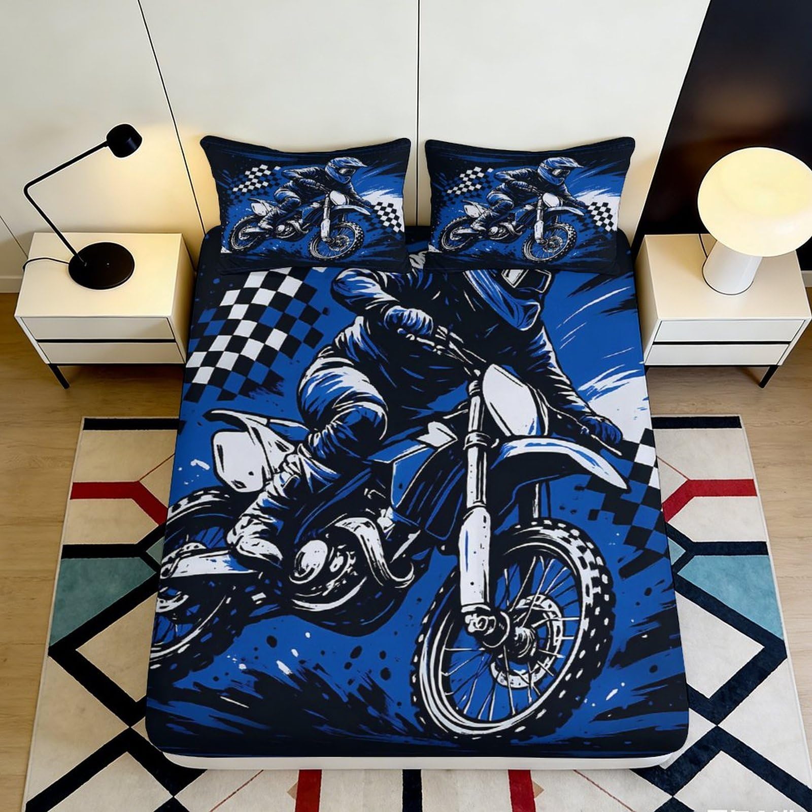 3D Printed Motorbike Racing Fitted Sheet Microfiber Deep Pocket Non-Slip Motorbike Mattress Fitted Cover for Bedroom Adults 200x200x25cm