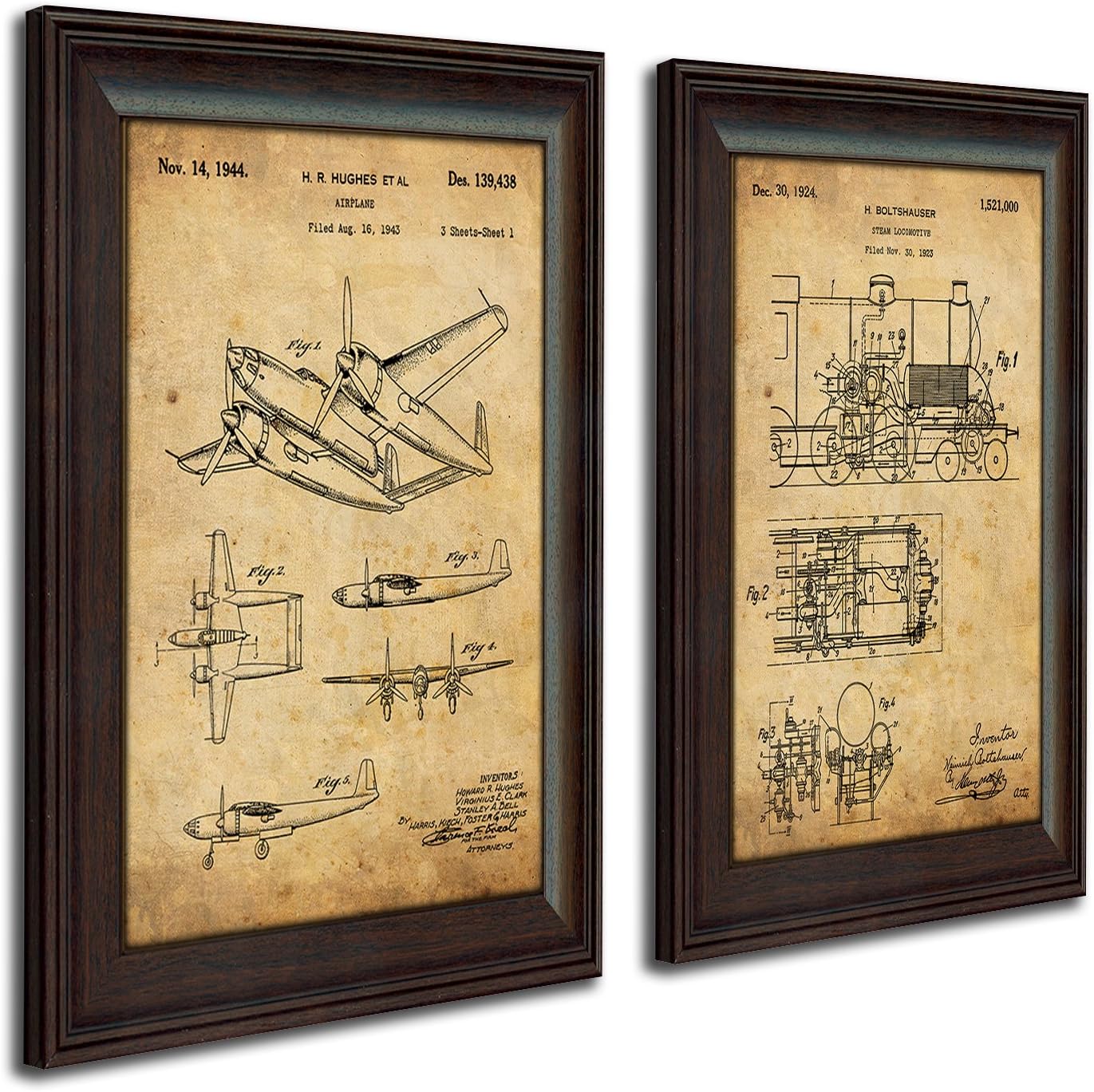 2 pc Framed Modern Patent Set - Steam Engine, Plane 14"x17" each