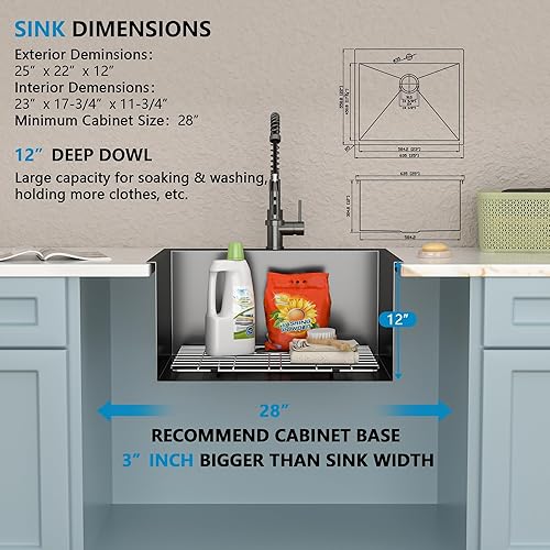 Miniatura 88 de Fregadero de lavandería de 25 x 22 pulgadas, montaje superior, acero inoxidable T304, calibre 16, 12 pulgadas de profundidad, fregadero individual