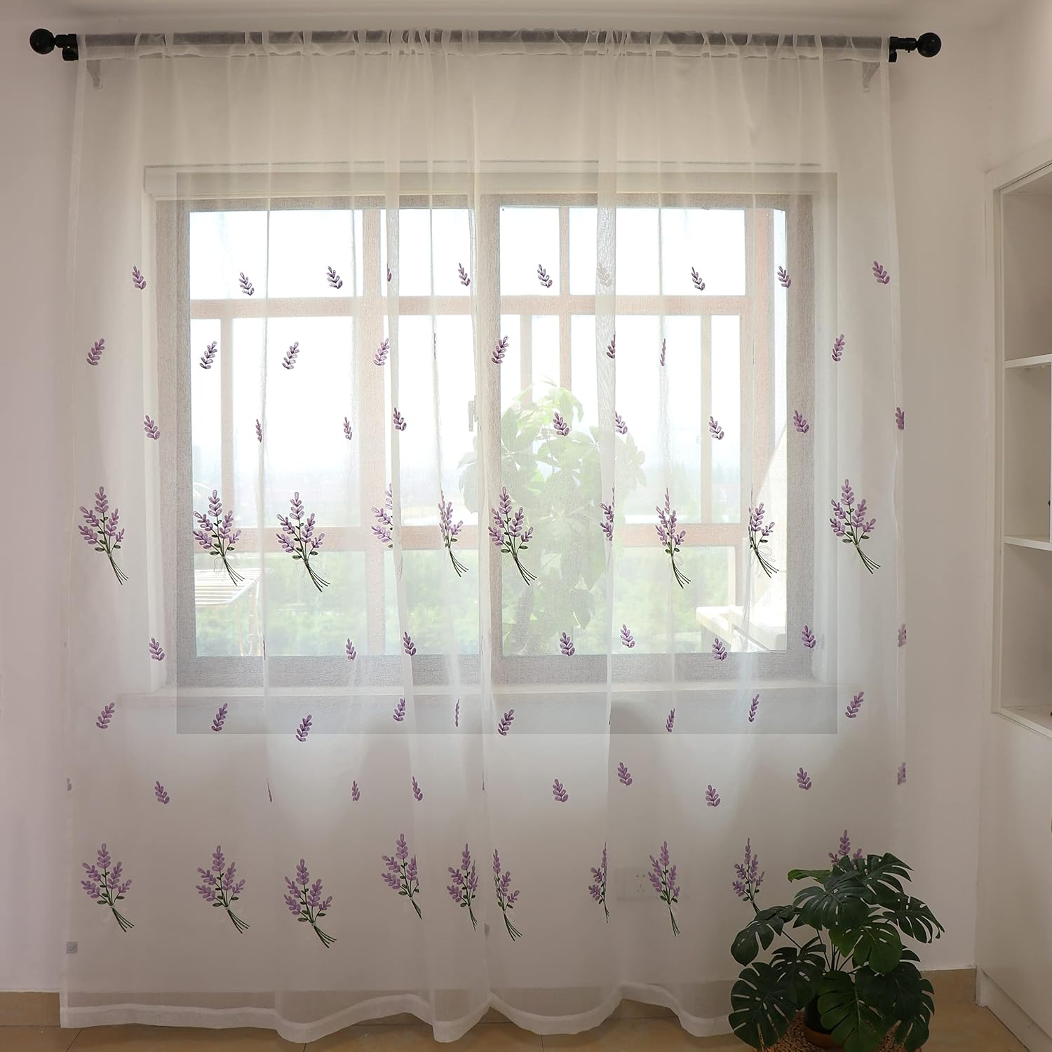 SLOW SOUL Set of 2 Panels Lavender Purple Flower Sheer Curtains Faux Linen Semi Sheer Window Curtains Drapes for Bedroom Living Room Rod Pocket Curtains 56W X 96L inch