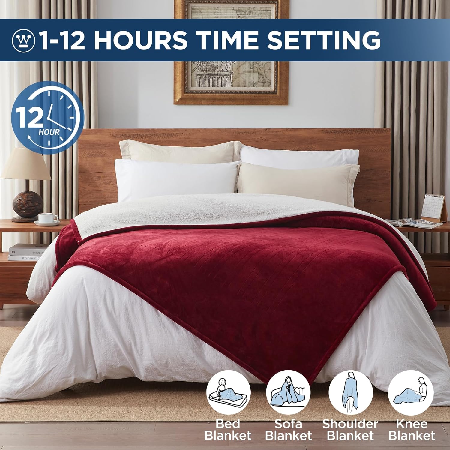 Westinghouse Electric Blanket Twin, Heated Blanket Twin Size with 10 Heating Levels and 1 to 12 Hours Heating Time Settings, Flannel to Sherpa Reversible, Machine Washable (62" x 84", Red) - Image 4