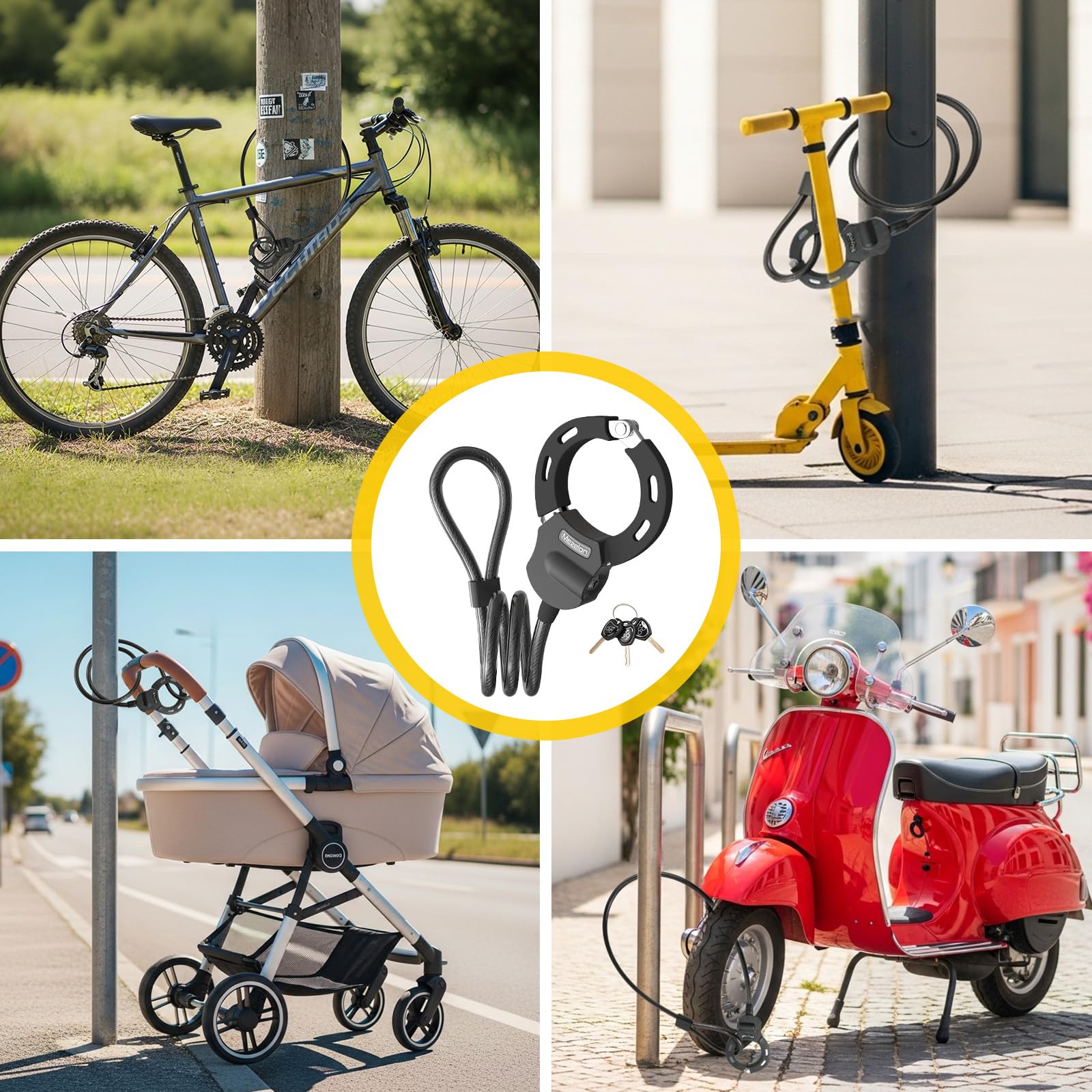 Lucchetto Monopattino Elettrico, iWarmbase Lucchetto Bici, 120CM Catena Monopattino Elettrico, Cavo Serratura a Manette con 3 Chiavi, Lucchetto Bicicletta Antifurto, per Scooter, Biciclette