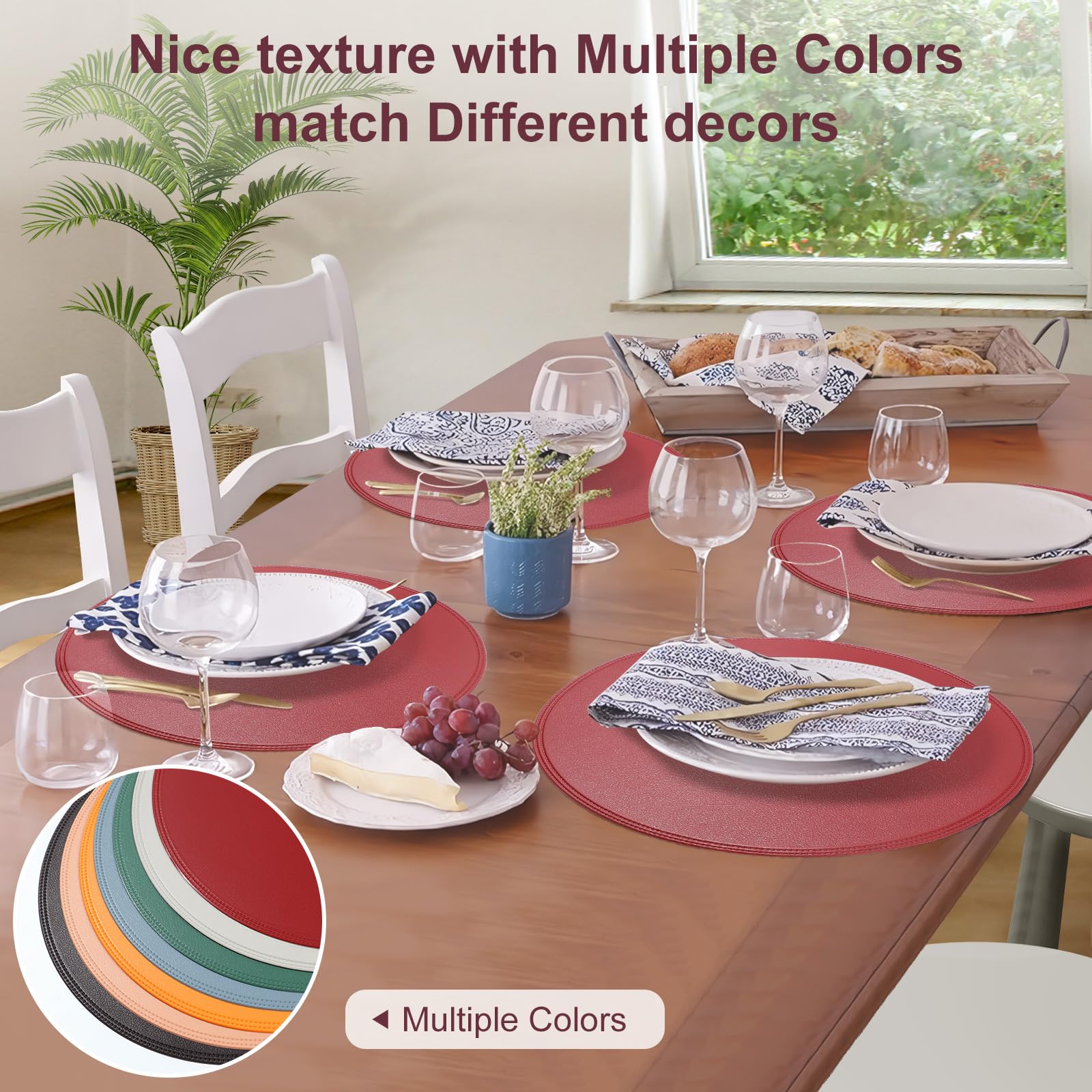 Rinpon Round Vinyl Placemats Set of 6, Faux Leather Waterproof Wipeable Heat Resistant Place Mats, Washable Oil-Proof - Image 3