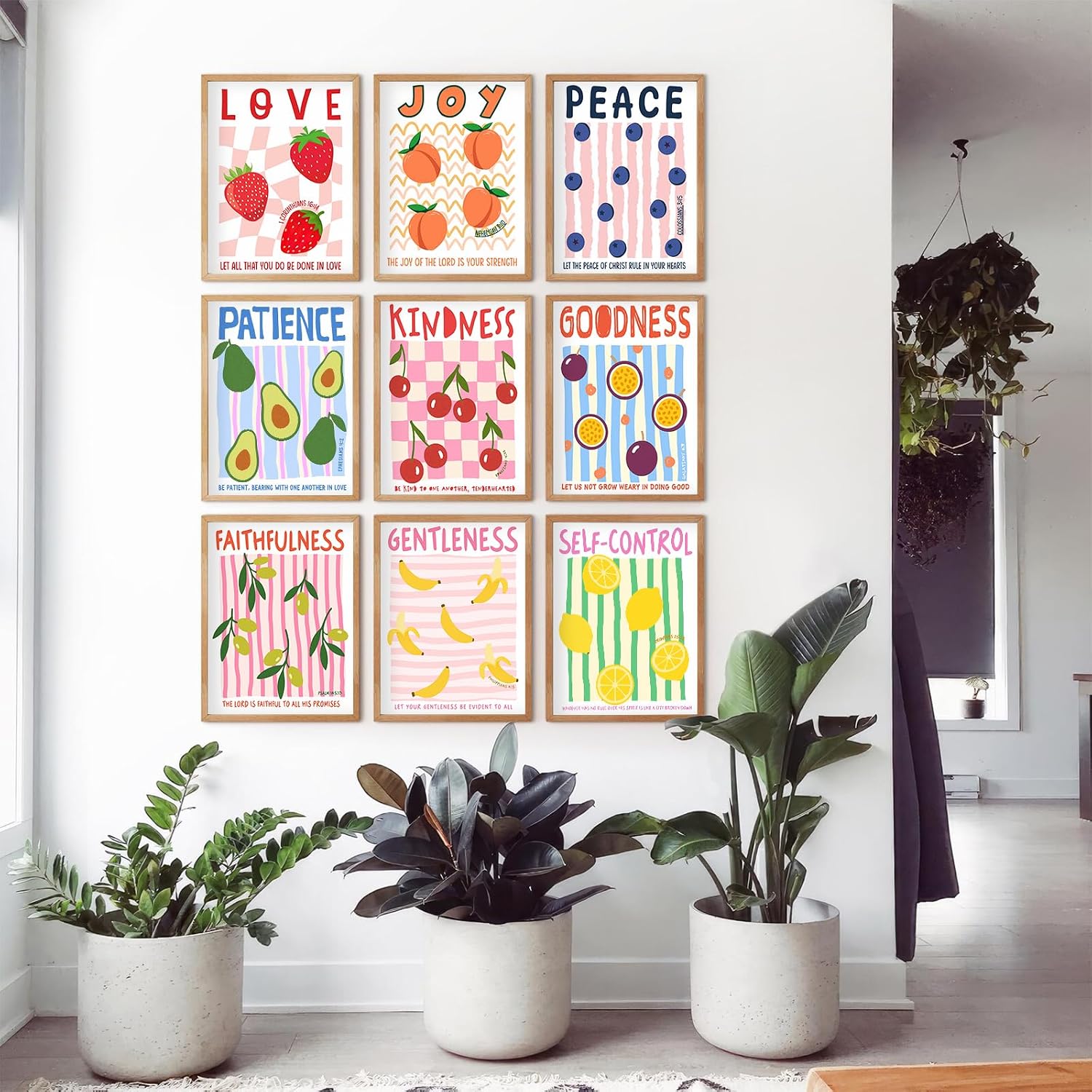 Fruit of the Spirit Wall Art Christian Bible Verse Canvas Wall Decor Inspirational Religious Quote Poster Prints Artwork Painting for Classroom School Nursery Kids Bedroom 12x16 In Unframed Set of 9
