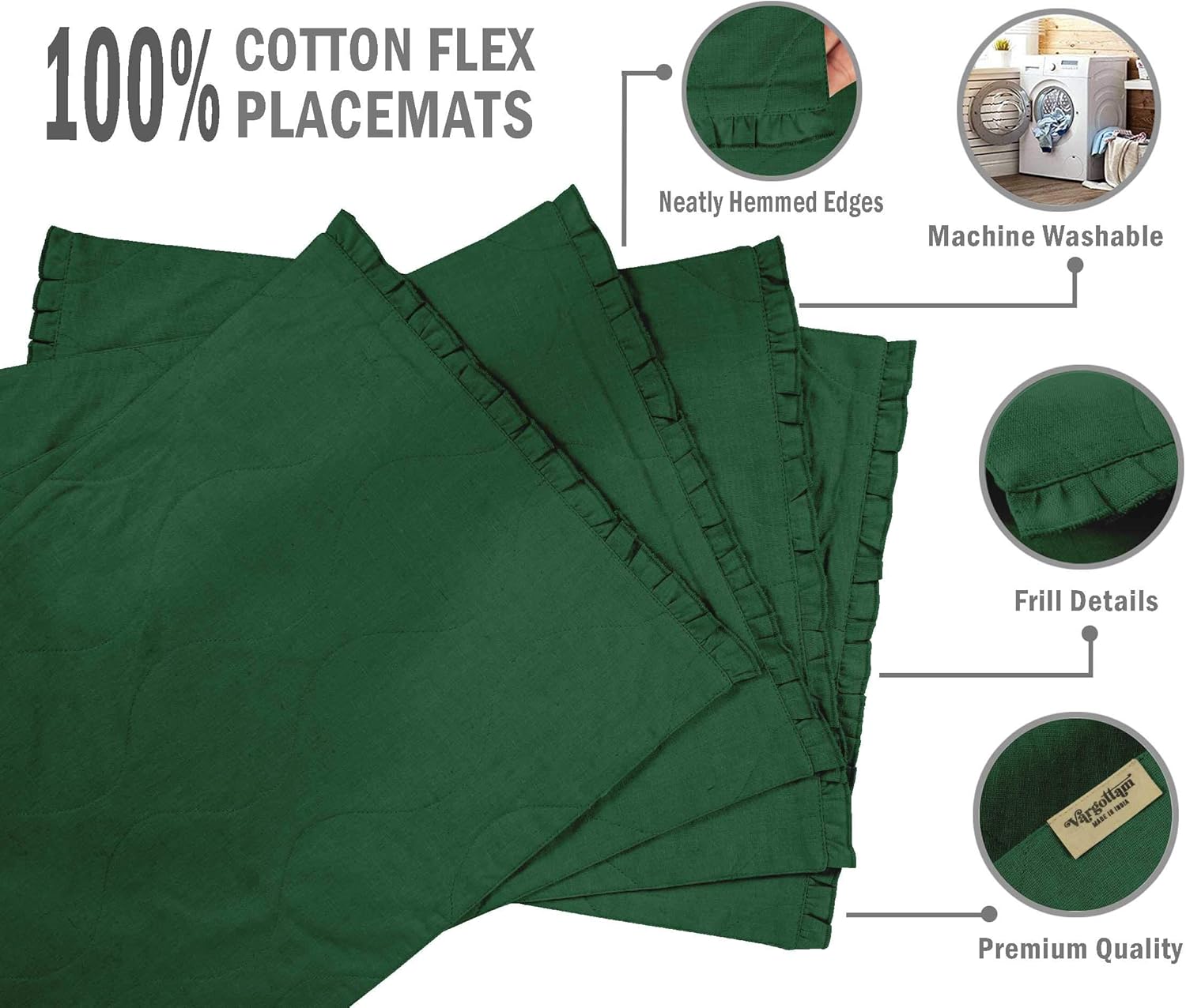 Dark Green Home Decor Cotton Flex Reversible Fabric Frill Placemats Table Dining Mats-Set of 8