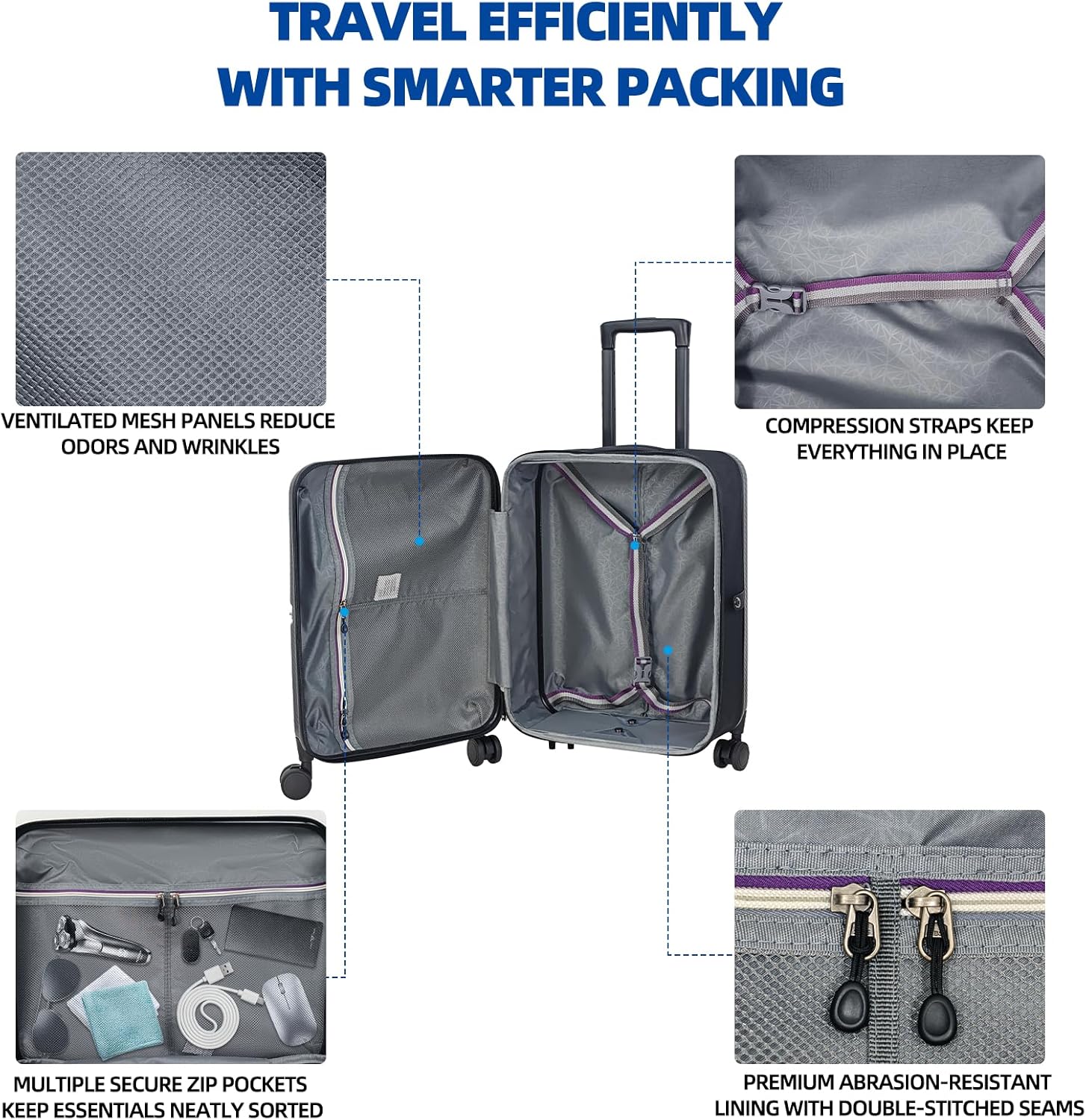 Ddjp 20-inch Hardshell Lightweight Spinner Suitcase - Foldable and Expandable Carry-On Luggage with TSA Combination Lock, Suitable for Unisex, Black