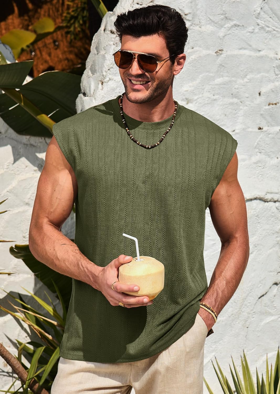 Mens Knit Tank Tops Textured Hollow Out Summer Sleeveless T-Shirt (S-XXL)