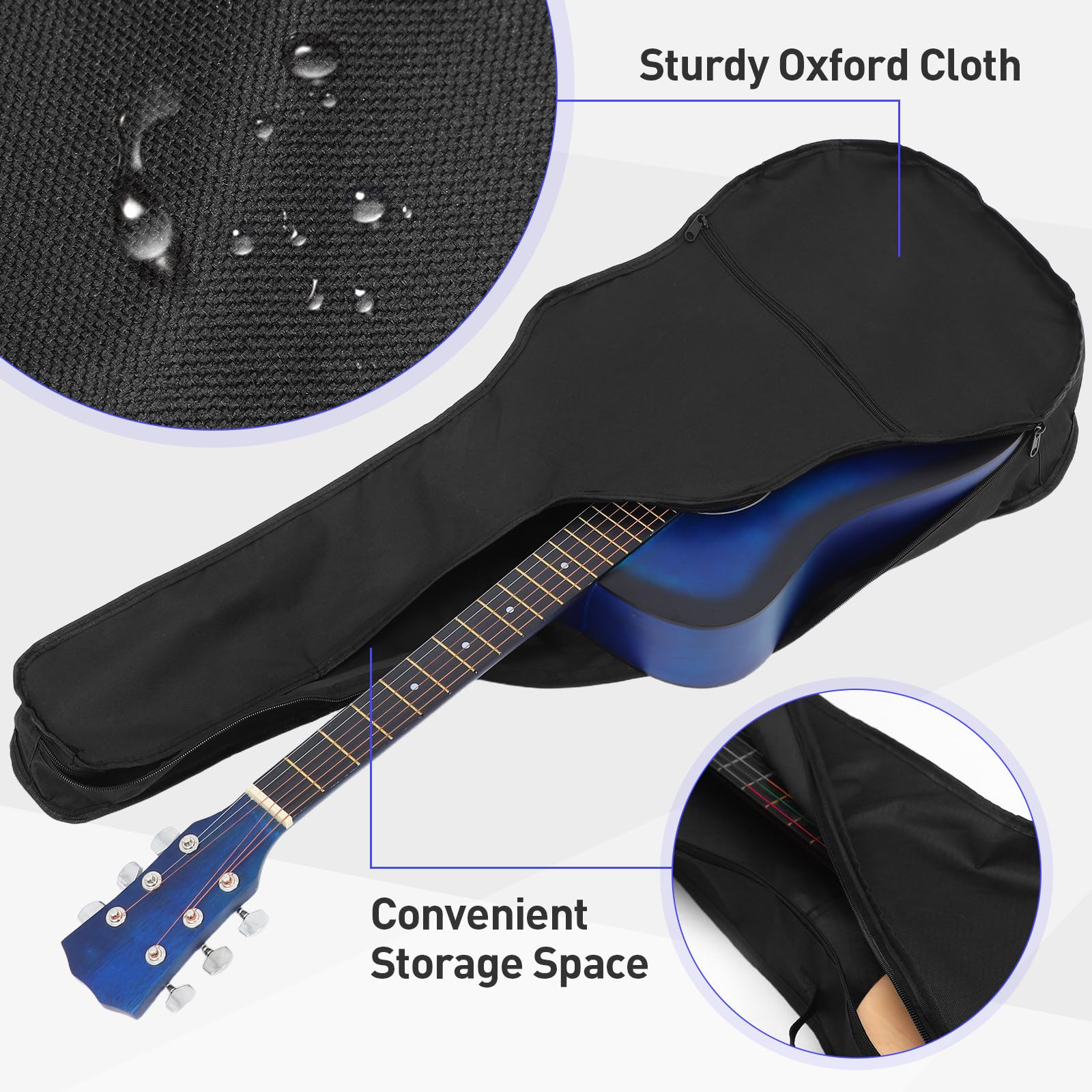 Bolsa de Guitarra Acústica Tela Oxford 600d de 38 Pulgadas con Correa Hombro Resistente y Bolsillo Frontal Grande con Cremallera