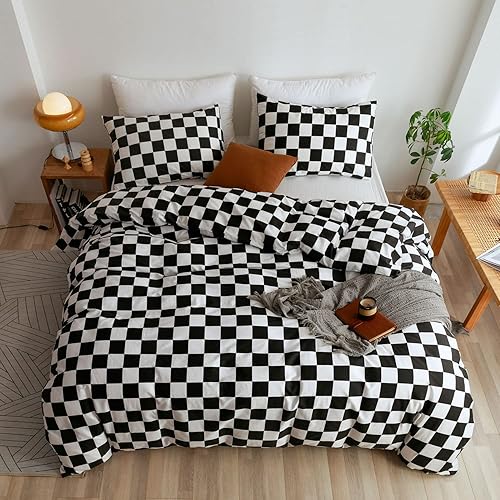 Miniatura 3 de ECOCOTT Juego de funda de edredón de 3 piezas, tamaño King, 100% algodón natural, patrón de cuadros blancos y negros, 1 funda de edredón con