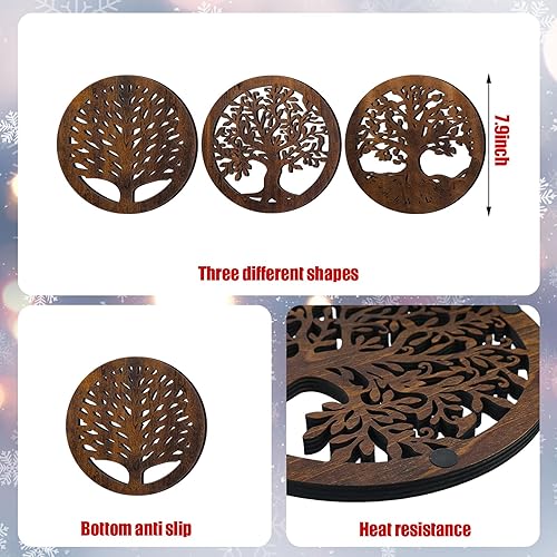 Miniatura 5 de Beeveer 3 piezas de salvamanteles de madera de árbol de la vida, platos redondos, soporte para ollas, resistente al calor, soporte para bandeja