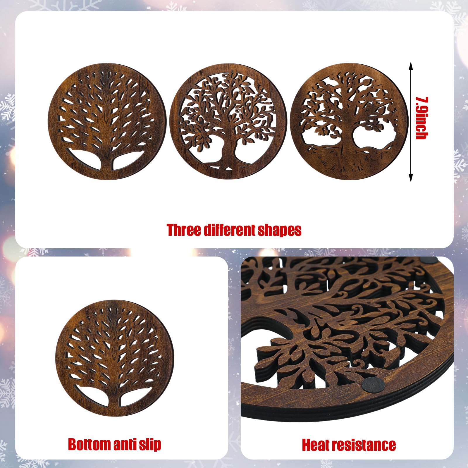 Beeveer 4-Piece Cast Iron Trivet Set - 7.1 Inch Tree Design, Heat Resistant With Rubber Feet For Pots & Pans