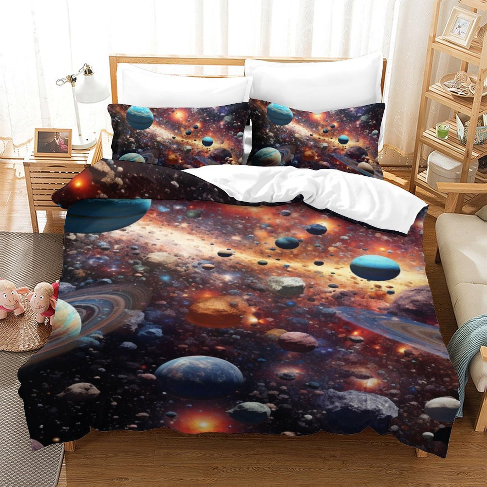 Parure de lit univers 3D pour décorer une chambre d'enfant avec housse et taies d'oreiller