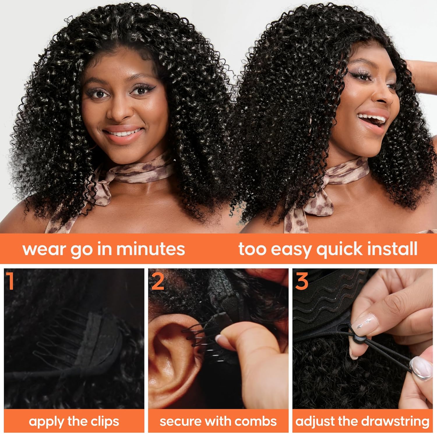 Kinky Curly Half Wig Human Hair 20 Inch 200% Density Glueless Wear and Go 3 in 1 Half Wig for Women with Drawstring Seamless Flip Headband Beginner Friendly