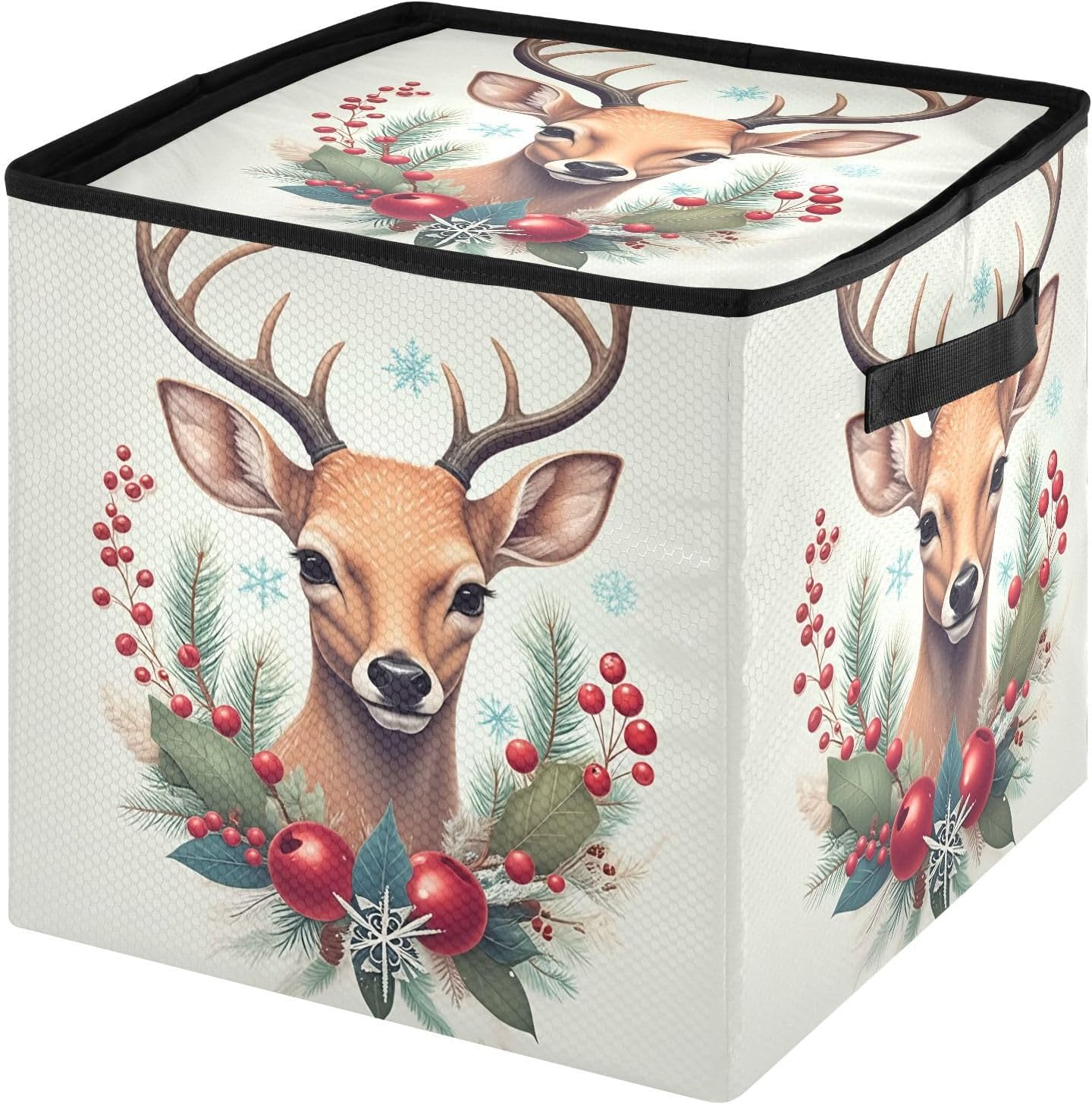 Deer Holiday Decor Ornament Storage Box - Holds up to 64 Holiday Ornaments with Adjustable Dividers - 13 Inch Fabric Organizer Cube with Lid and Handles for Christmas