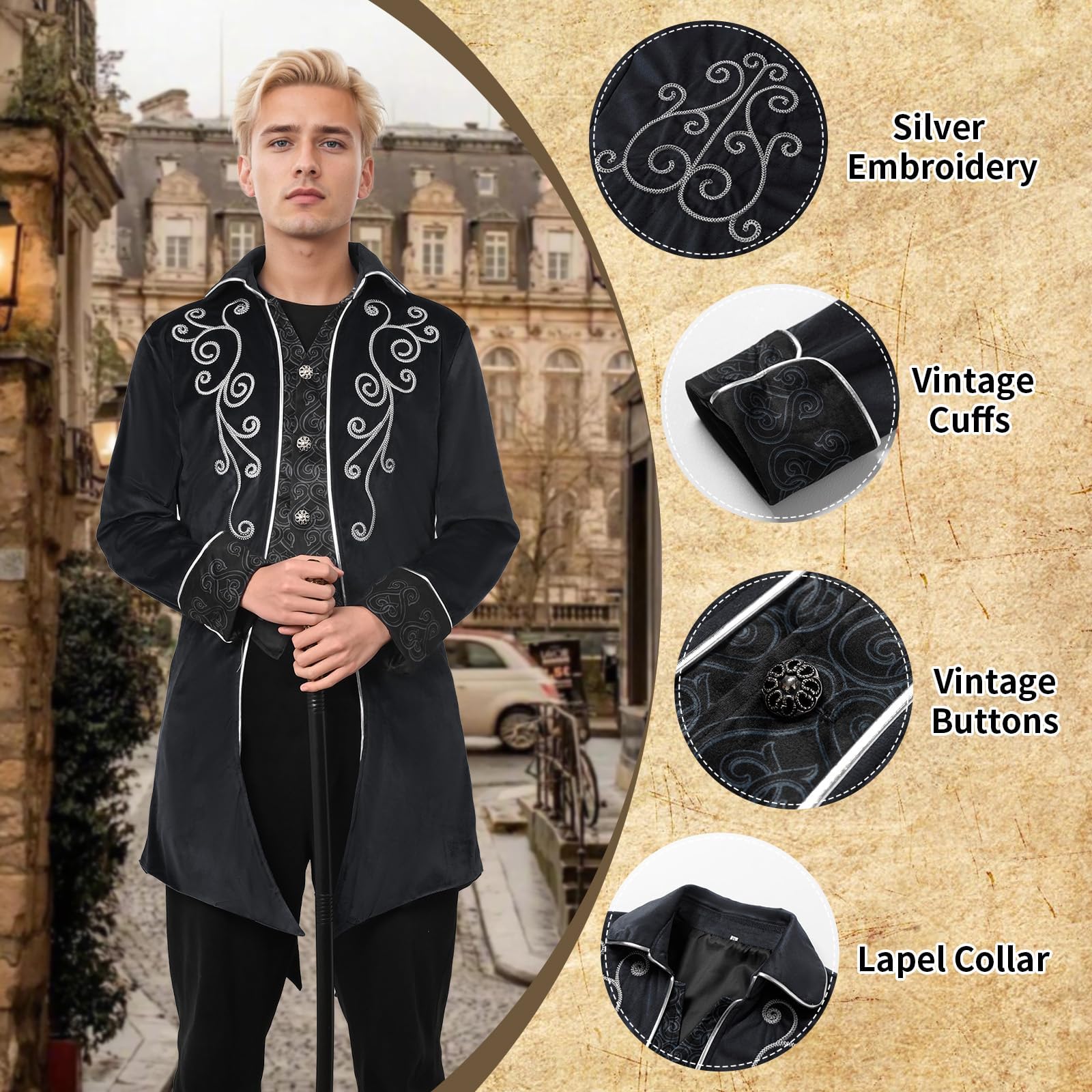 Giacca steampunk, da uomo, a maniche lunghe, ricamata, vintage, gotico, giacca da uomo, costume vittoriano per feste a tema steampunk, Halloween
