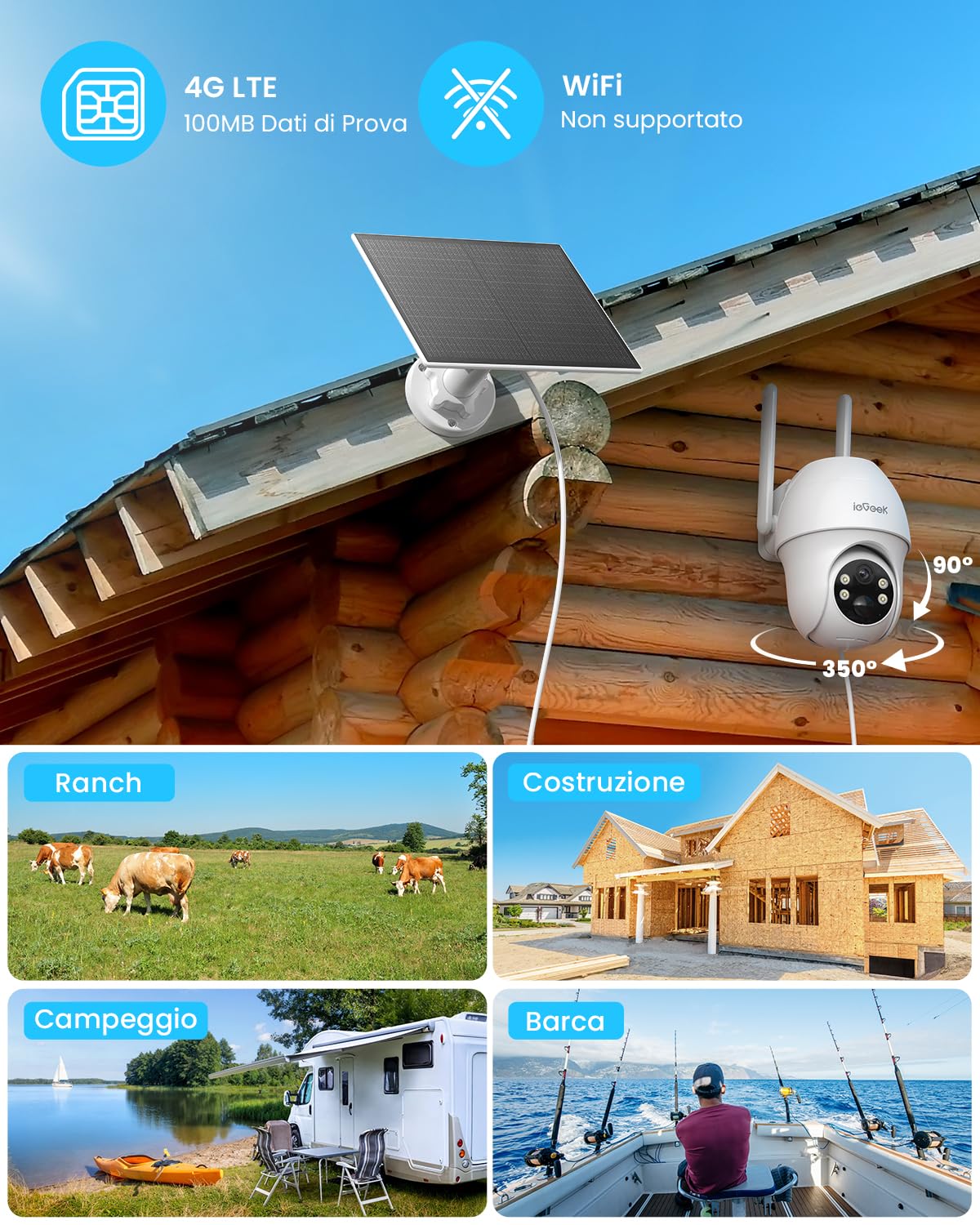 ieGeek 4G LTE Telecamera con SIM con Batteria, 2K 3MP Telecamera 4G con Pannello Solare, Telecamera Esterno Senza Fili, Rilevamento PIR, IP65, Visione Notturna a Colori, Allarmi acustici e luminosi