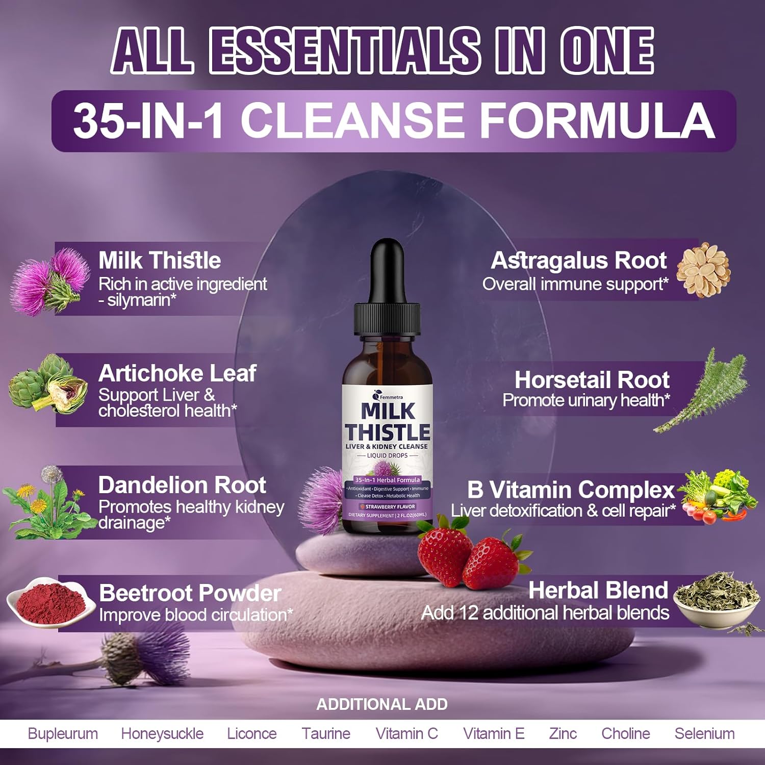 Milk Thistle Extract Liquid Drops for Liver Cleanse Detox & Repair, 35-IN-1 Kidney Support Supplement with Artichoke & Dandelion for Urinary Tract, Bladder, Vegan, Non-GMO, Strawberry Flavor, 2 FL OZ - Image 3