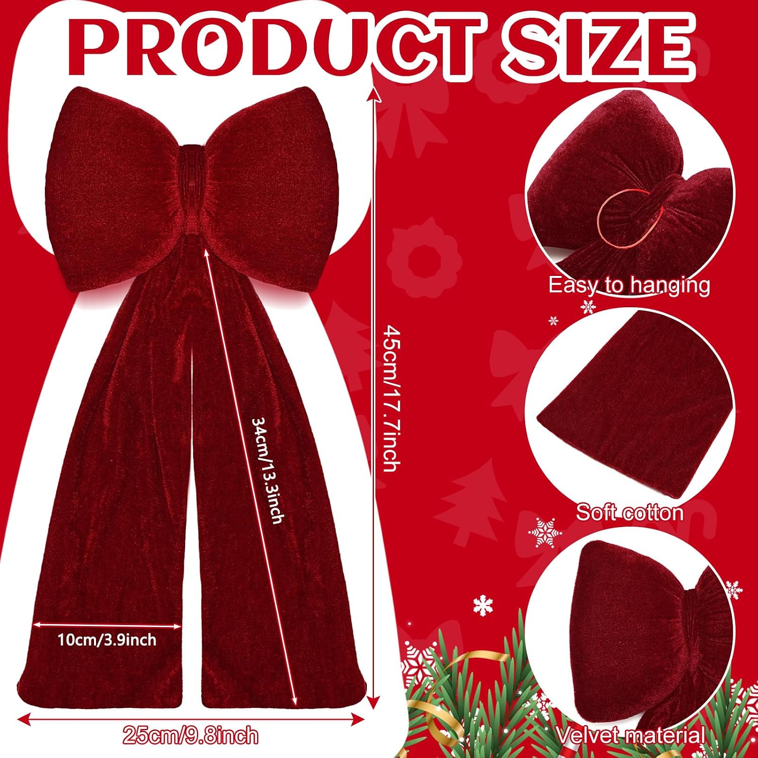 Gejoy Christmas Velvet Red Bow Christmas Tree Topper Bow Decorations 17.7''x9.8'' Red Xmas Decorations for Xmas Tree Home Wreath Front Door Fireplace