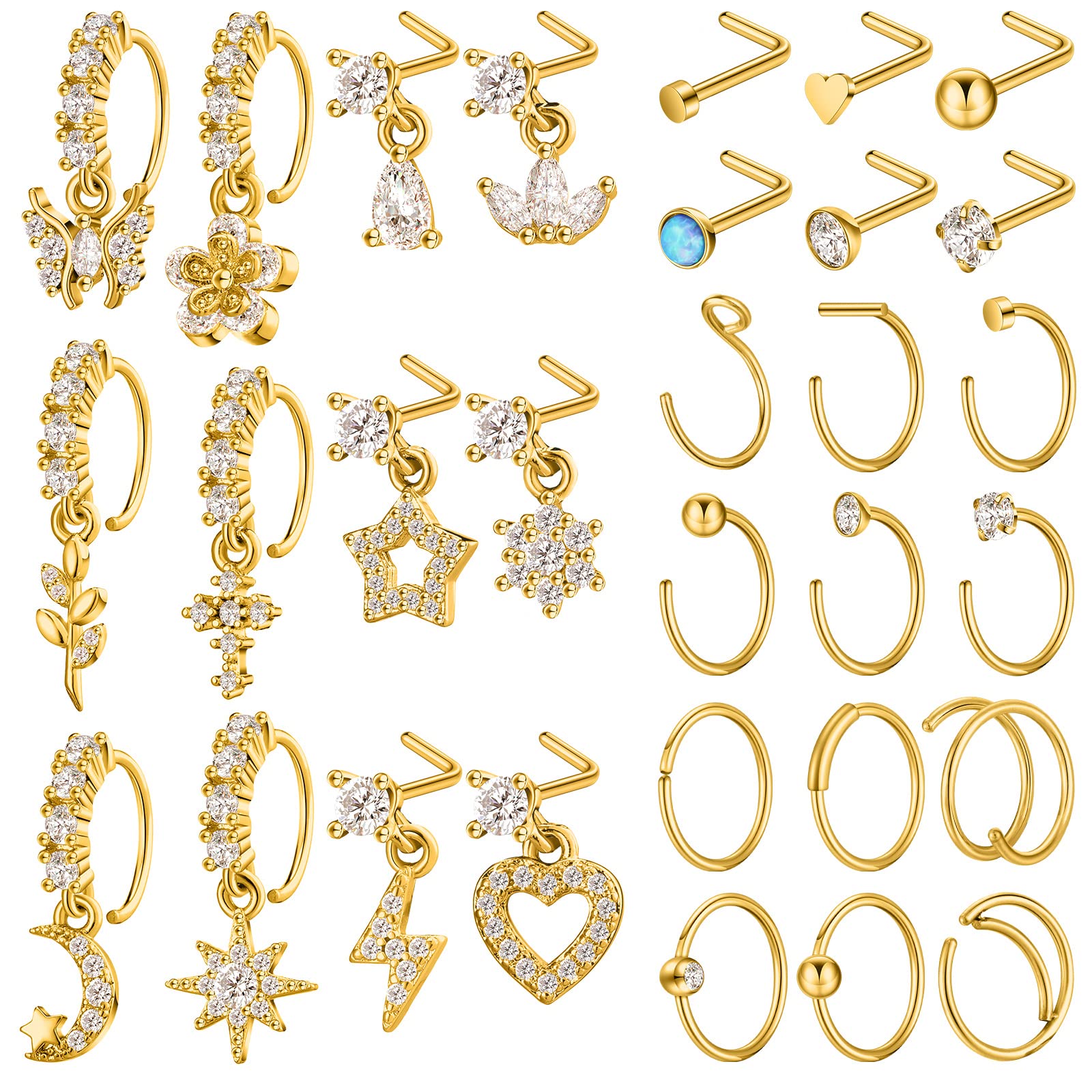 Trnayi 30 Pcs 20g Dangle Nose Ring L Shaped Nose Ring Stud Piercings Jewelry for Indian Women Men