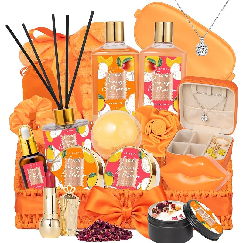 LILY ROY Conjunto de Cuidados Corporais com 23 Peças, Fragrância de Laranja e Manga e Cesta